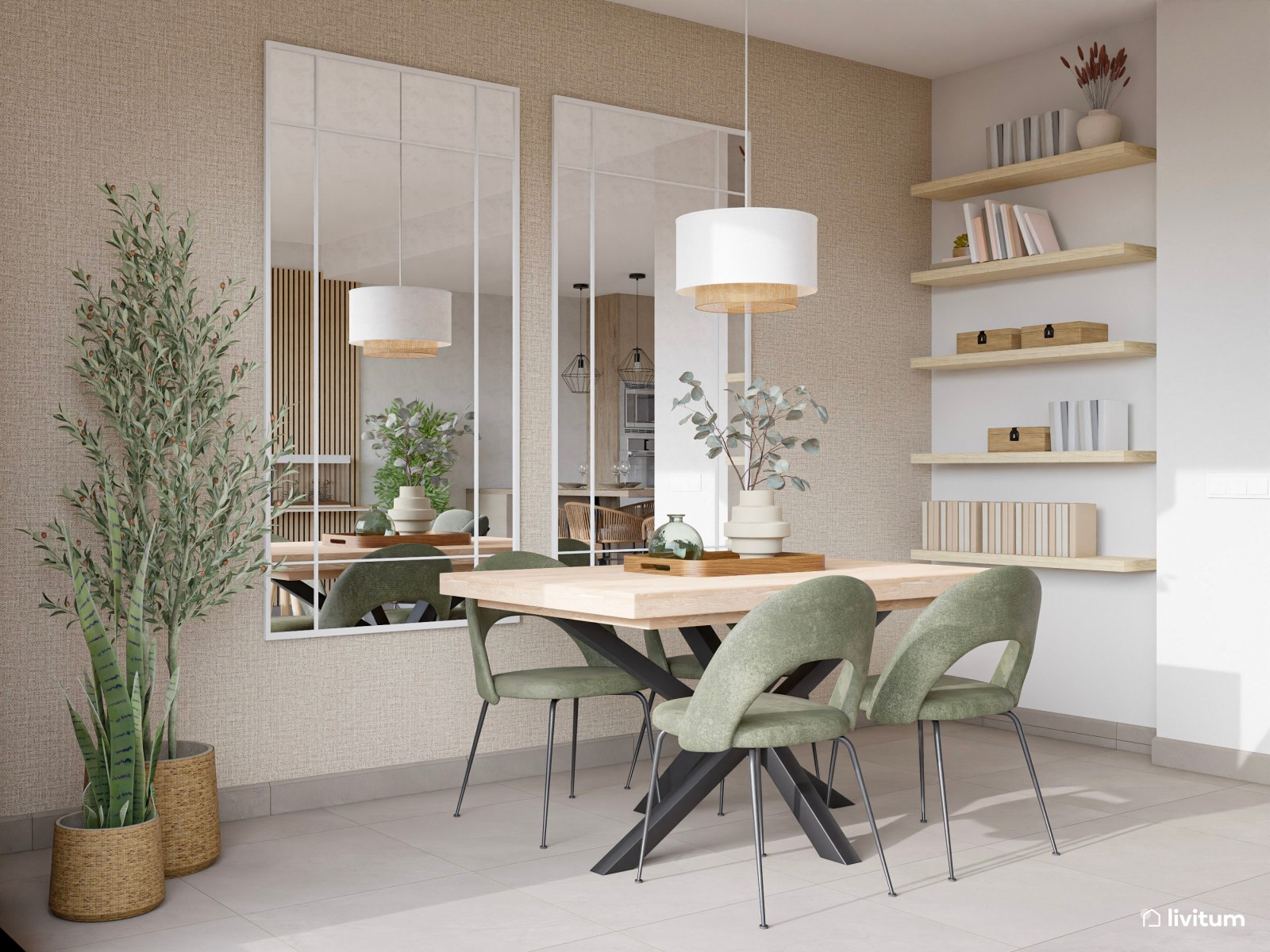 Salón nórdico, moderno y luminoso con detalles en verde