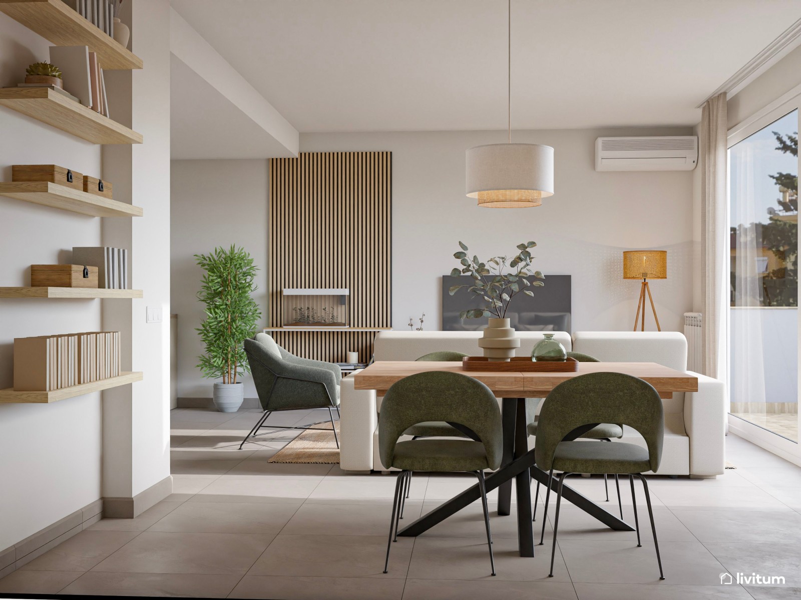 Salón nórdico, moderno y luminoso con detalles en verde