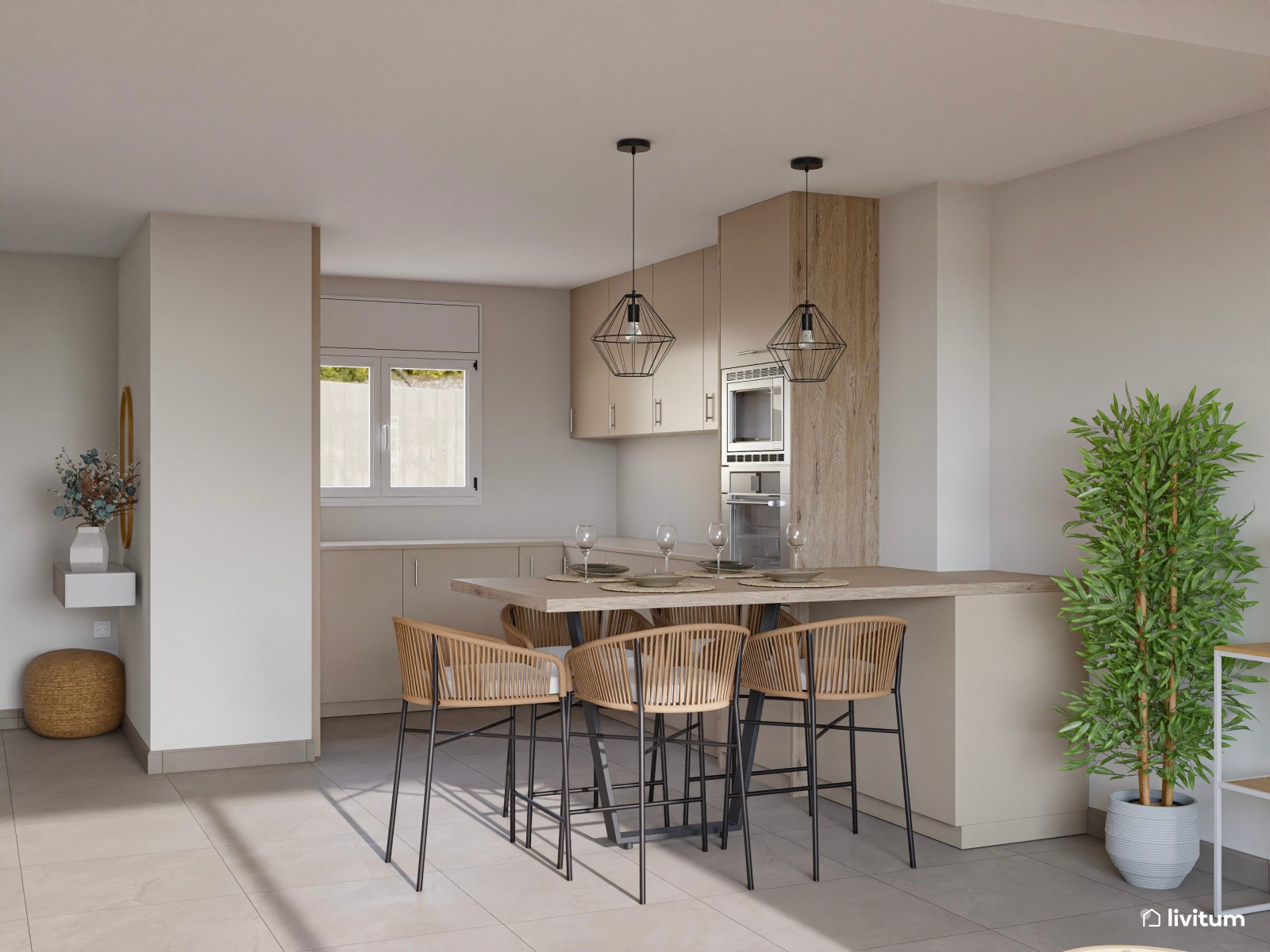 Salón nórdico, moderno y luminoso con detalles en verde