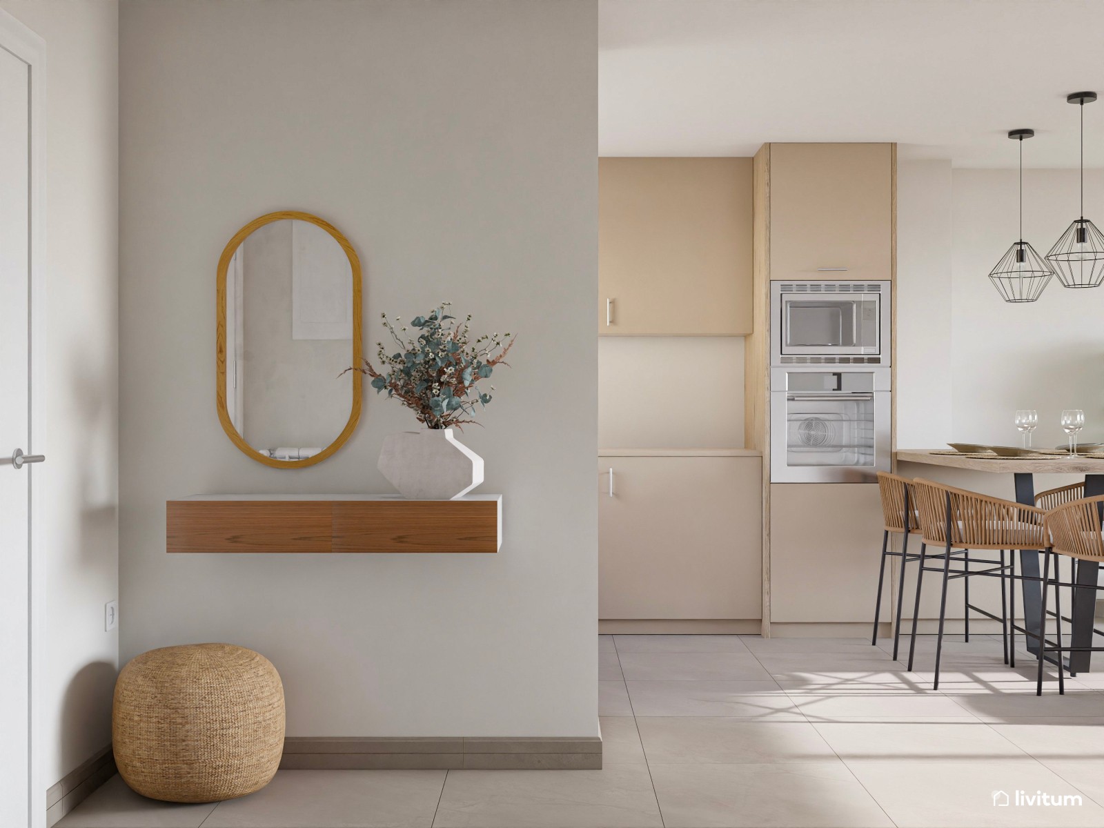 Salón nórdico, moderno y luminoso con detalles en verde