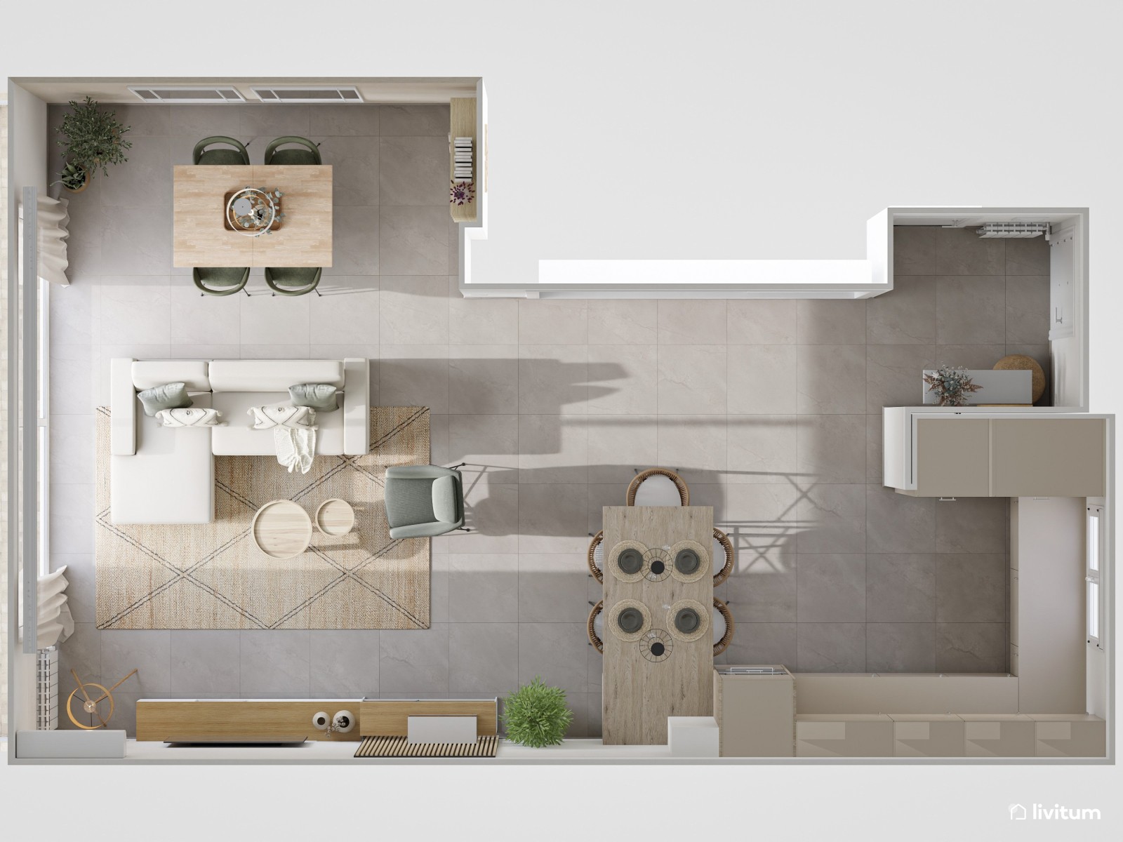 Salón nórdico, moderno y luminoso con detalles en verde