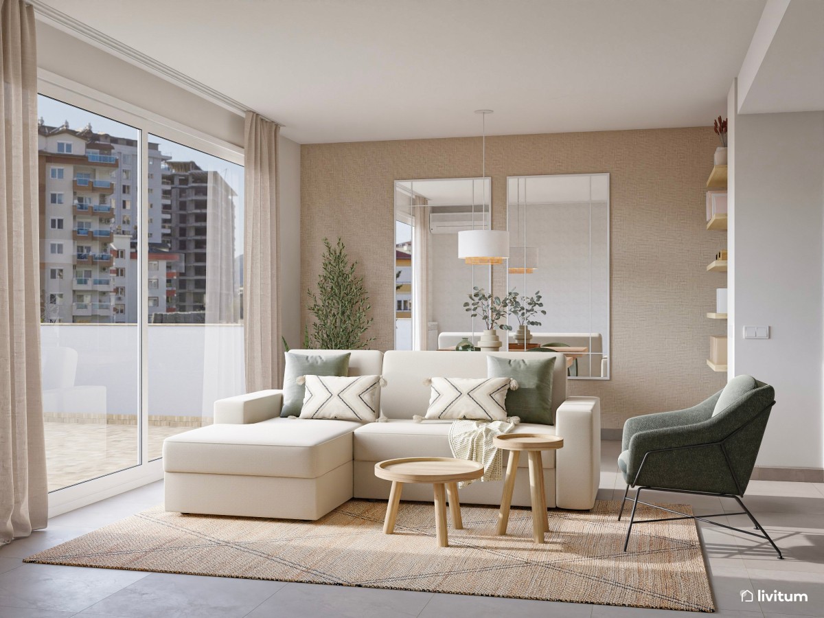 Salón nórdico, moderno y luminoso con detalles en verde