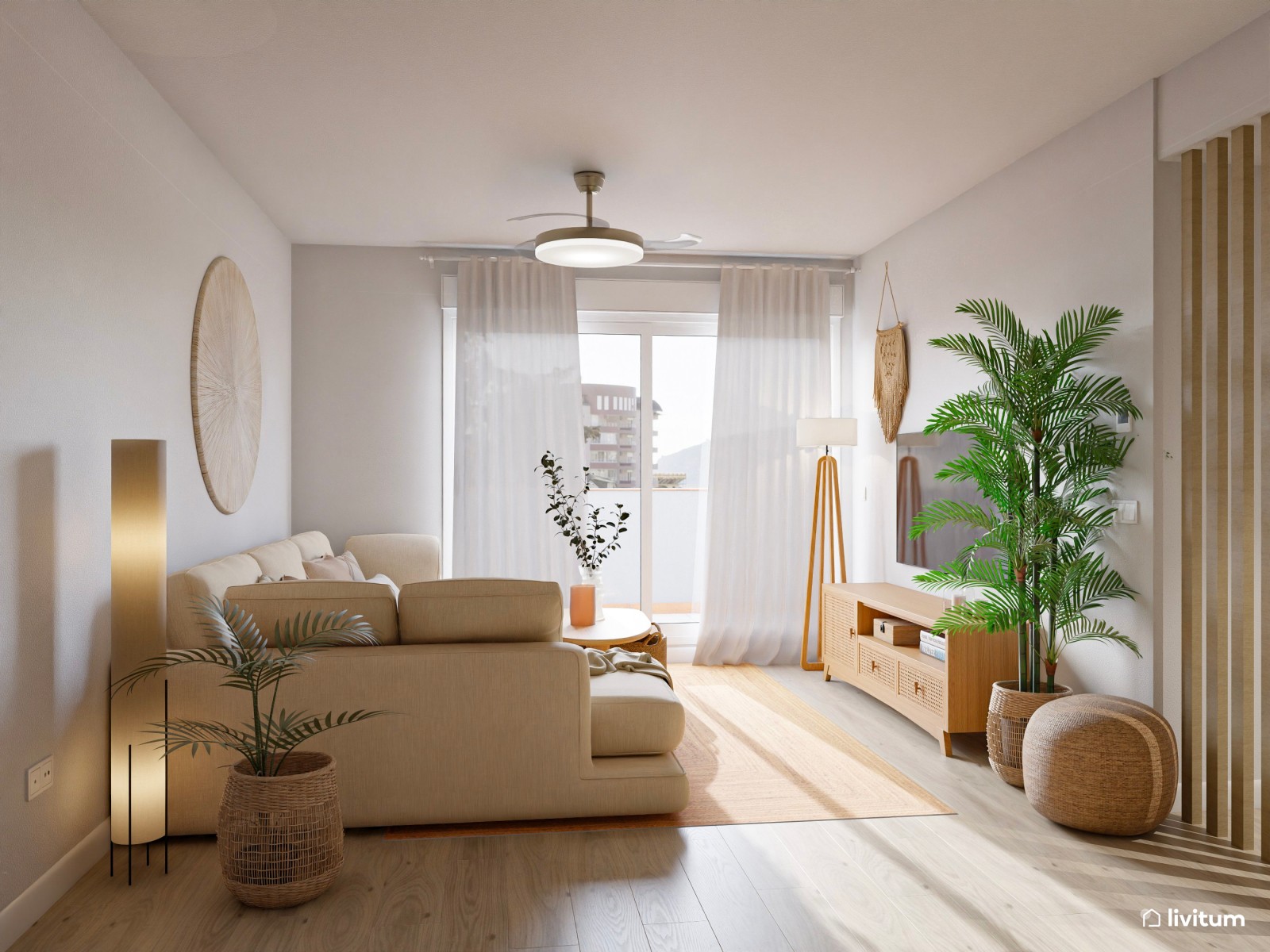 Salón nórdico natural en blanco, madera y encantadoras plantas