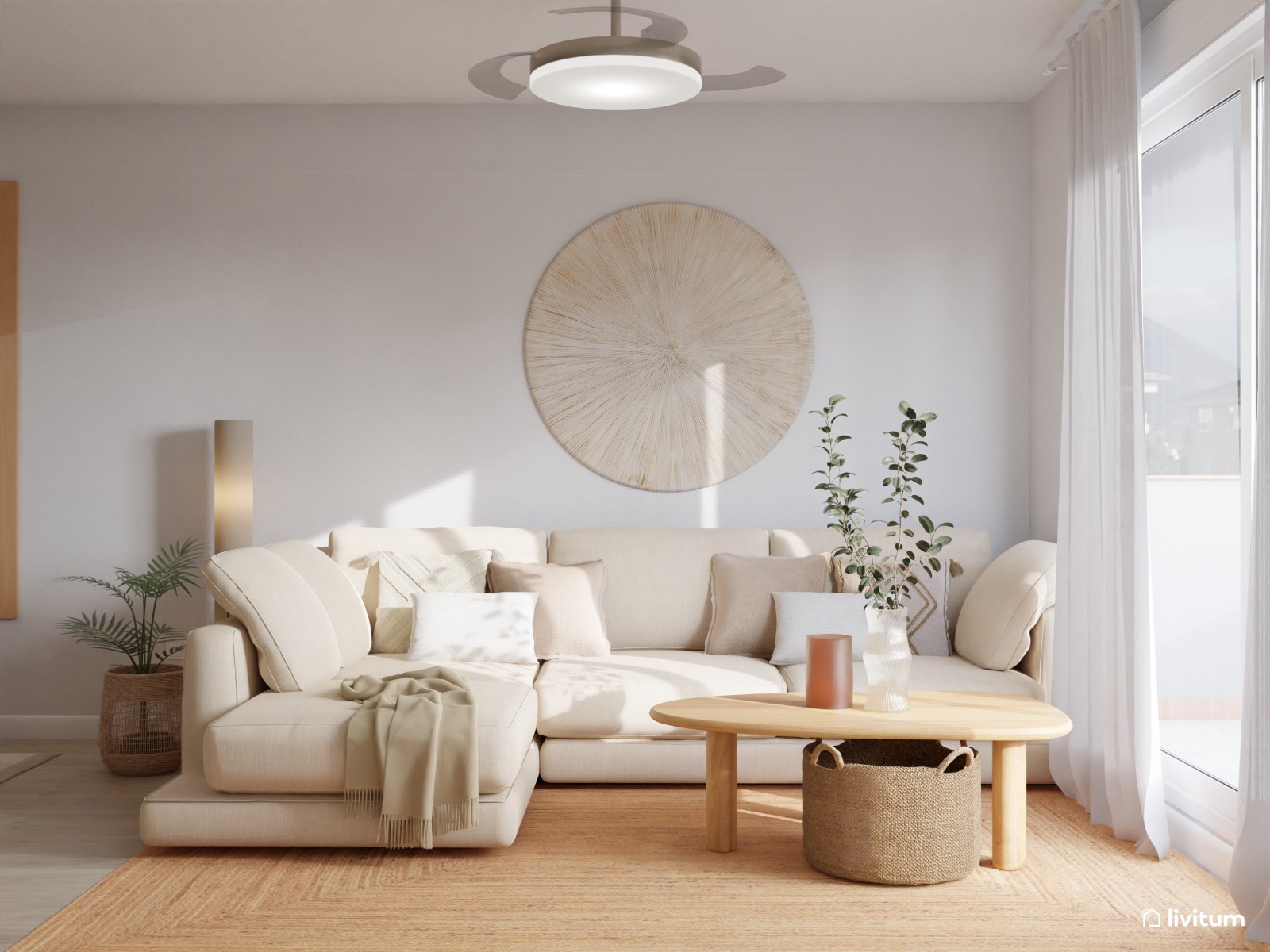 Salón nórdico natural en blanco, madera y encantadoras plantas