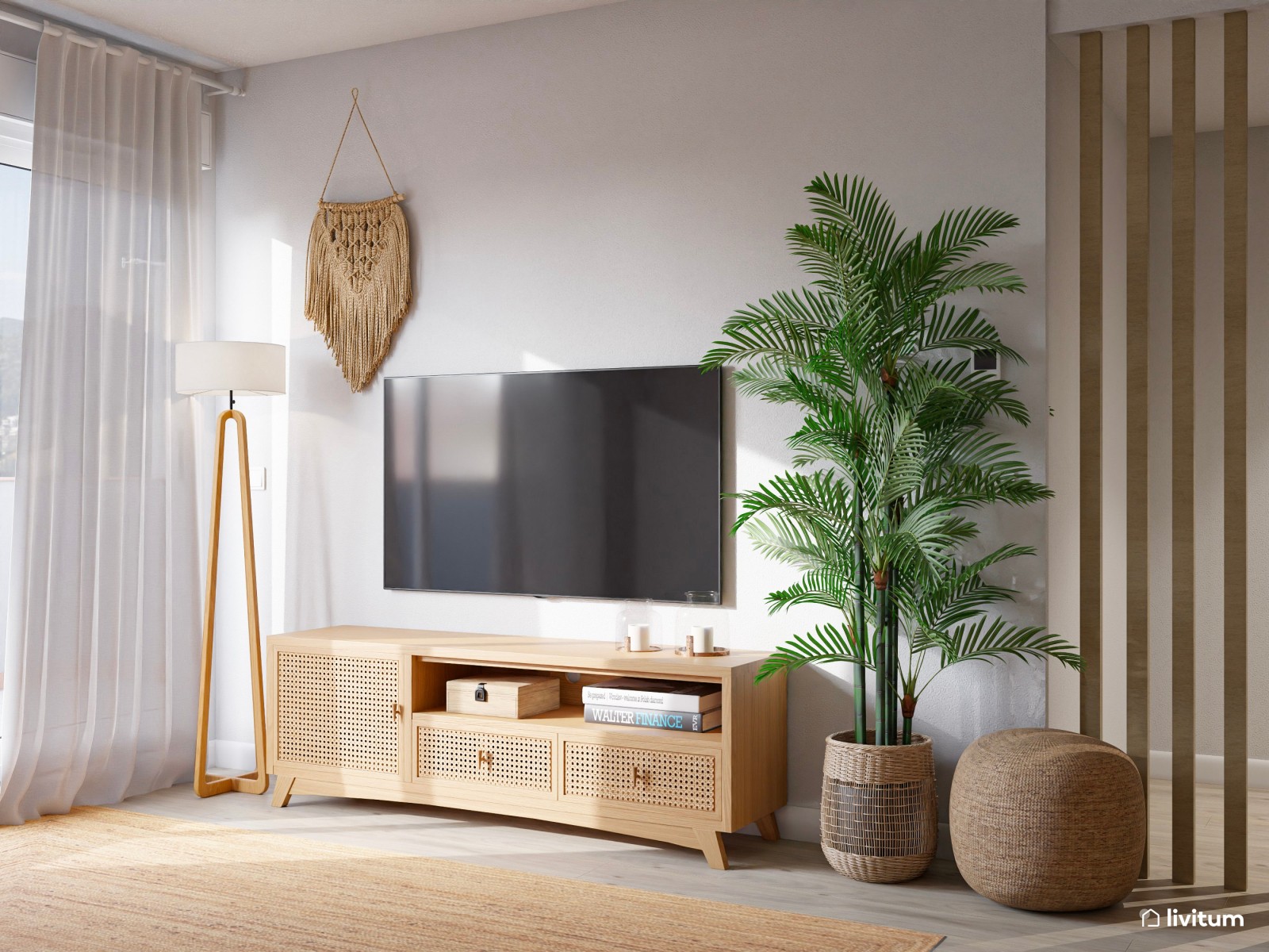 Salón nórdico natural en blanco, madera y encantadoras plantas