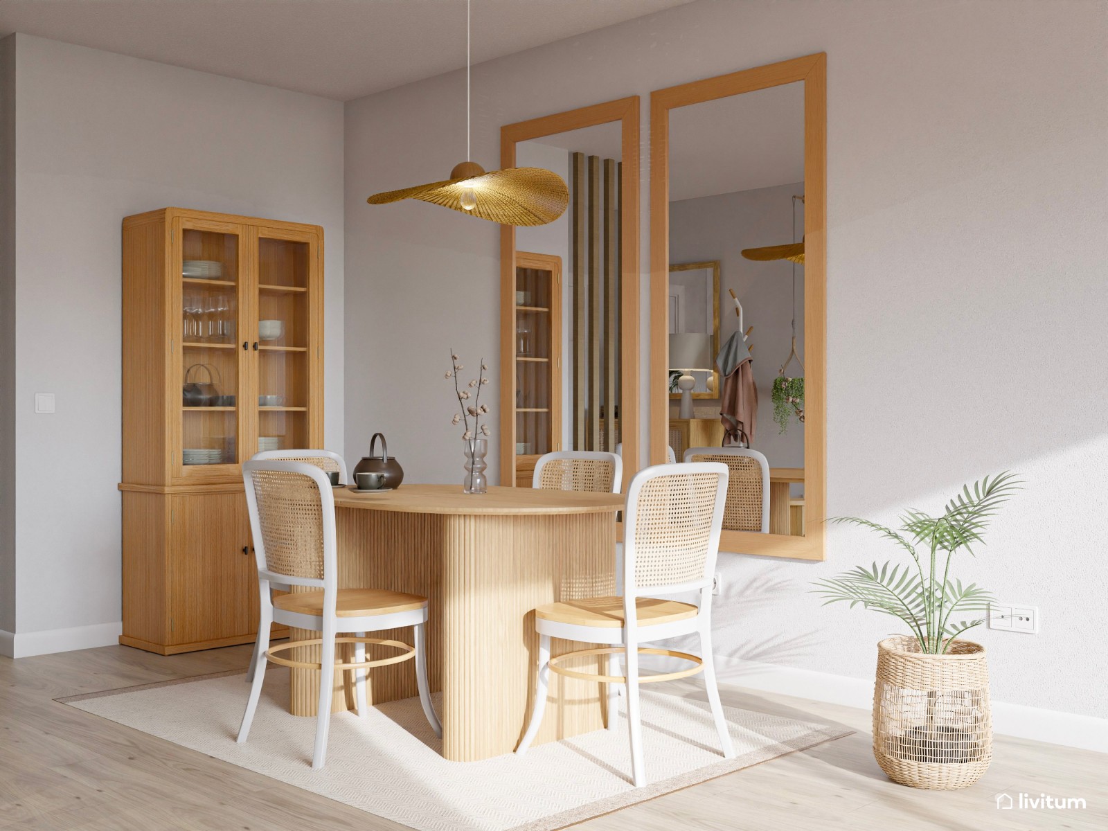 Salón nórdico natural en blanco, madera y encantadoras plantas