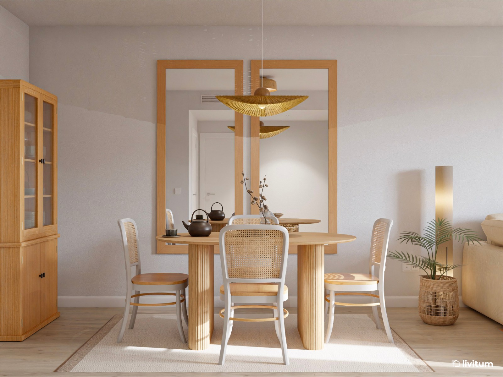 Salón nórdico natural en blanco, madera y encantadoras plantas