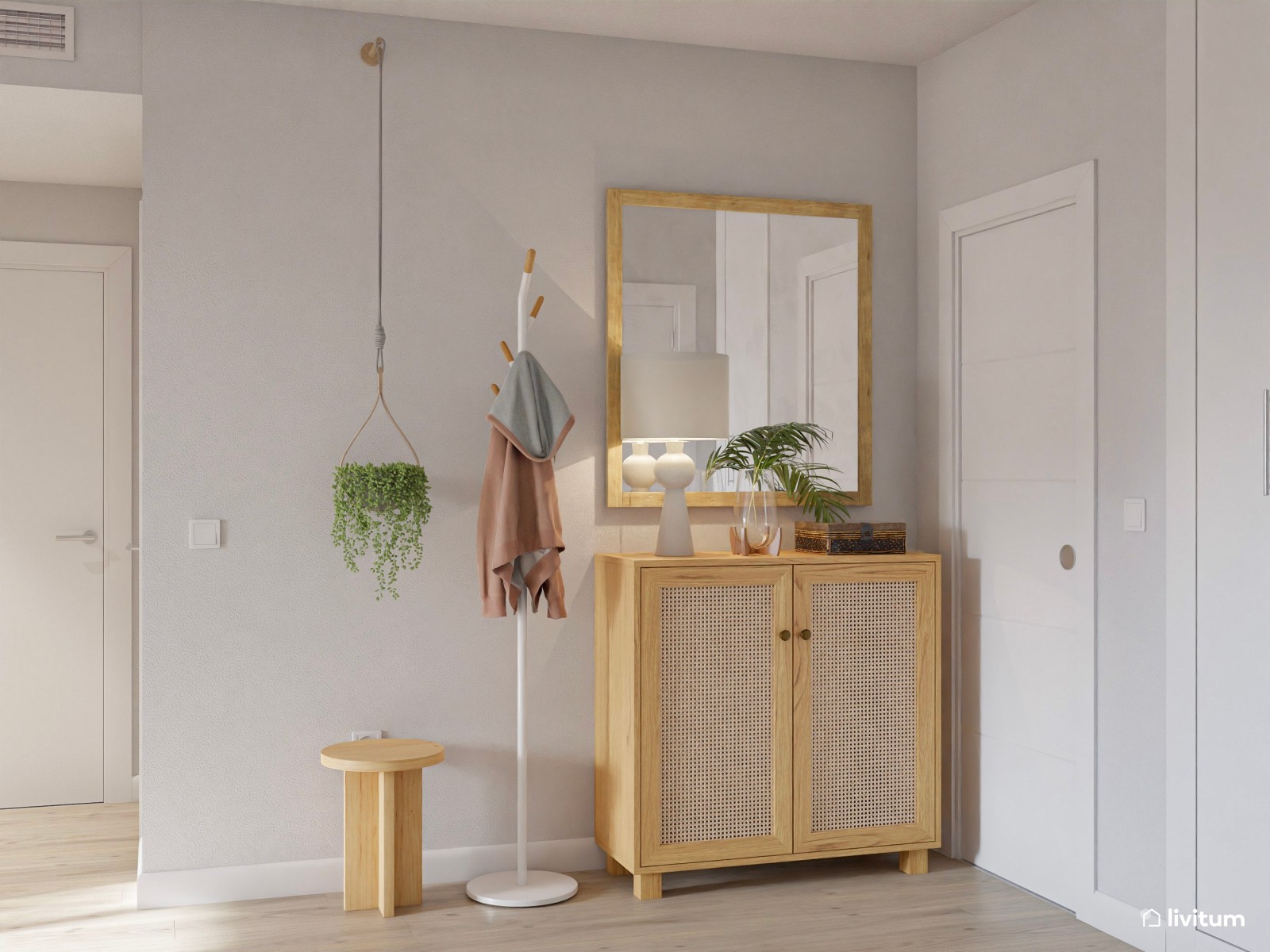 Salón nórdico natural en blanco, madera y encantadoras plantas