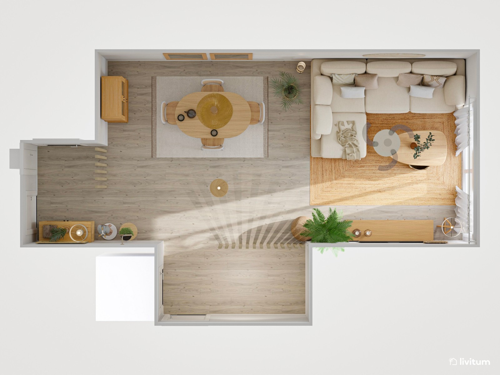 Salón nórdico natural en blanco, madera y encantadoras plantas