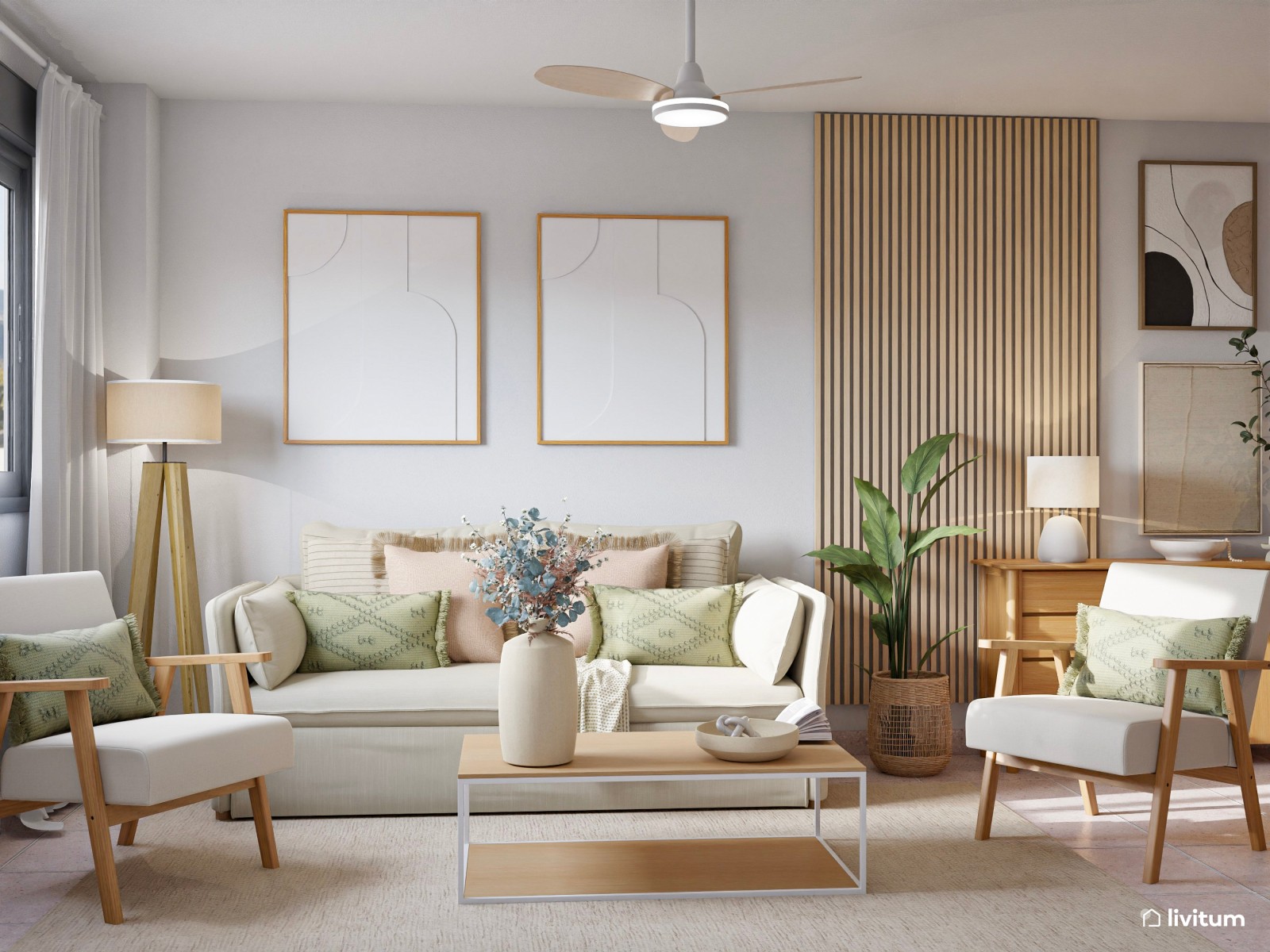 Salón nórdico natural en planta alargada con detalles en verde