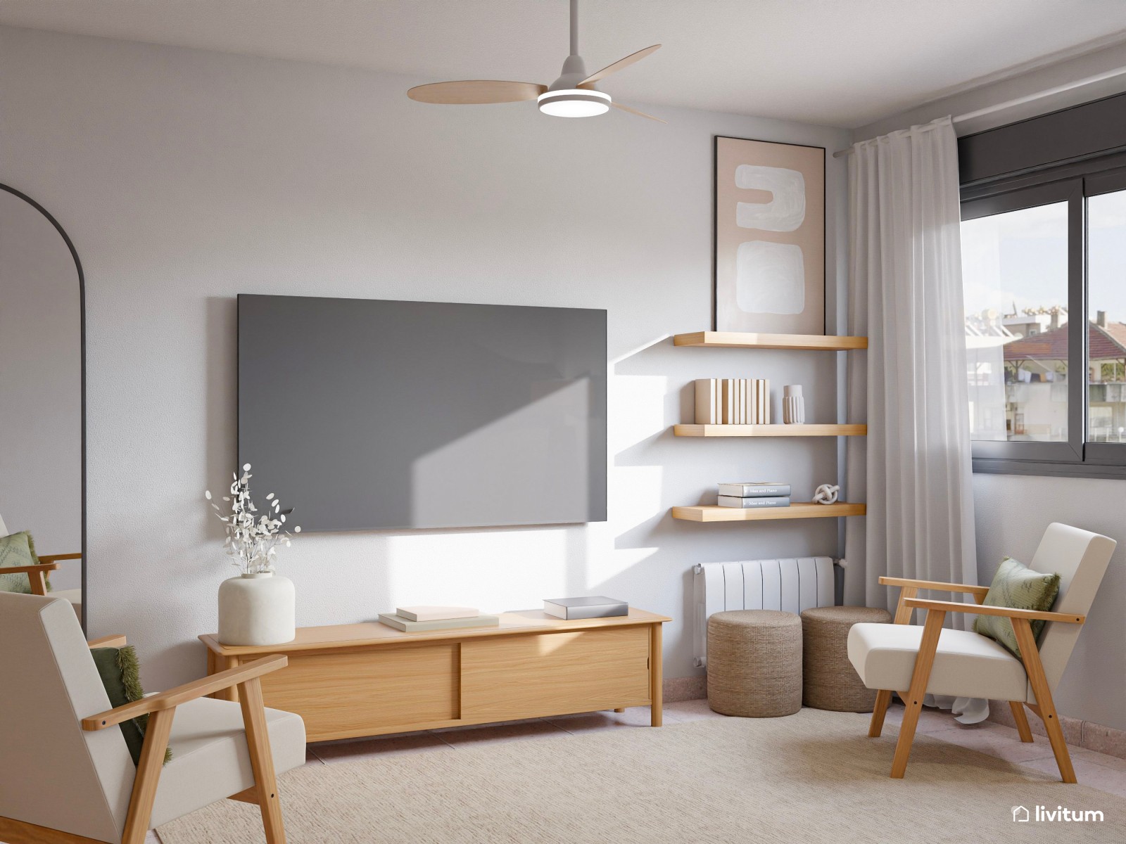 Salón nórdico natural en planta alargada con detalles en verde