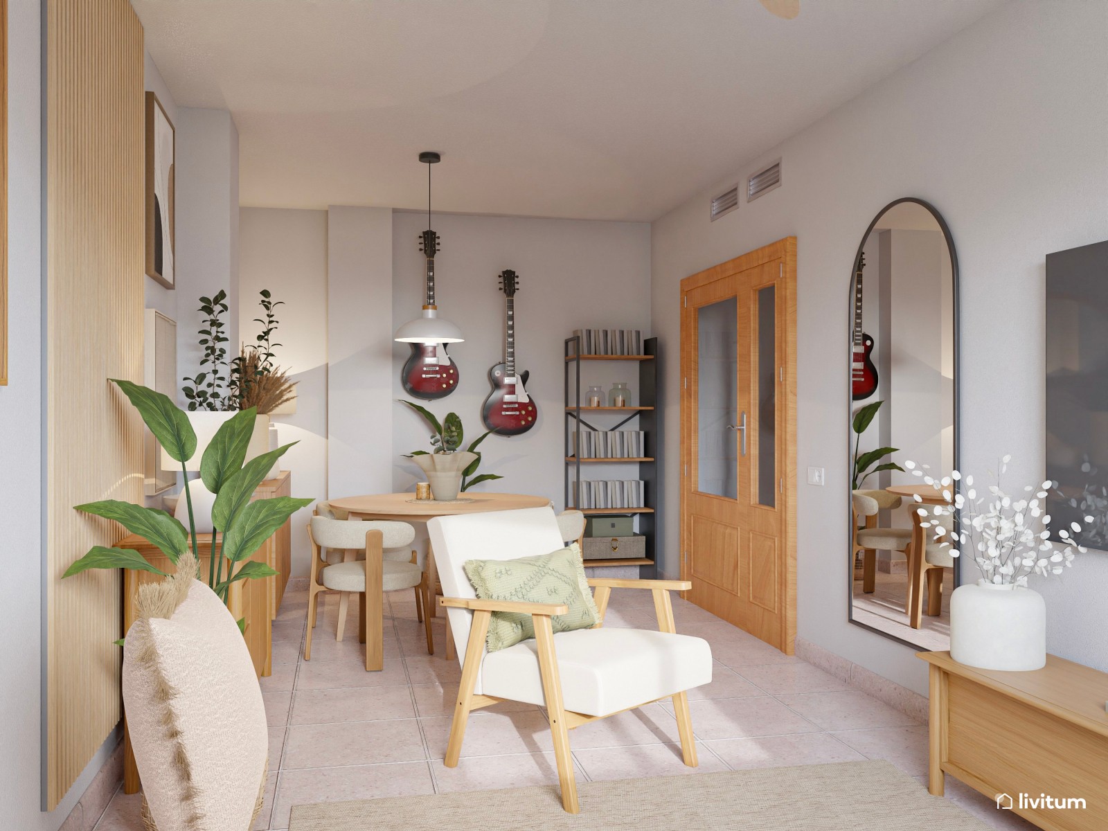 Salón nórdico natural en planta alargada con detalles en verde