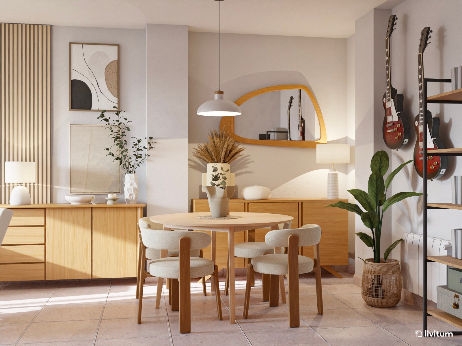 Salón nórdico natural en planta alargada con detalles en verde