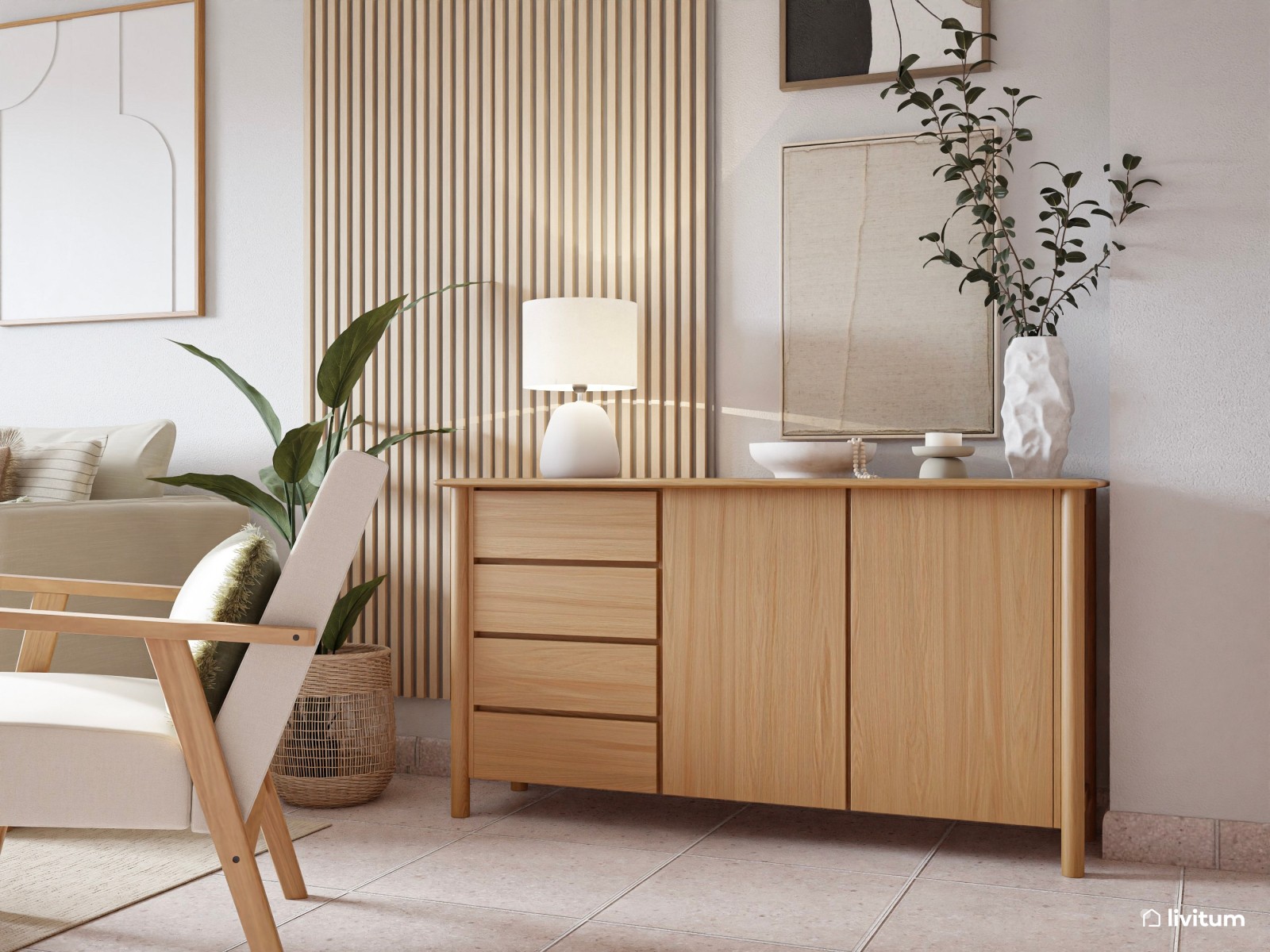 Salón nórdico natural en planta alargada con detalles en verde