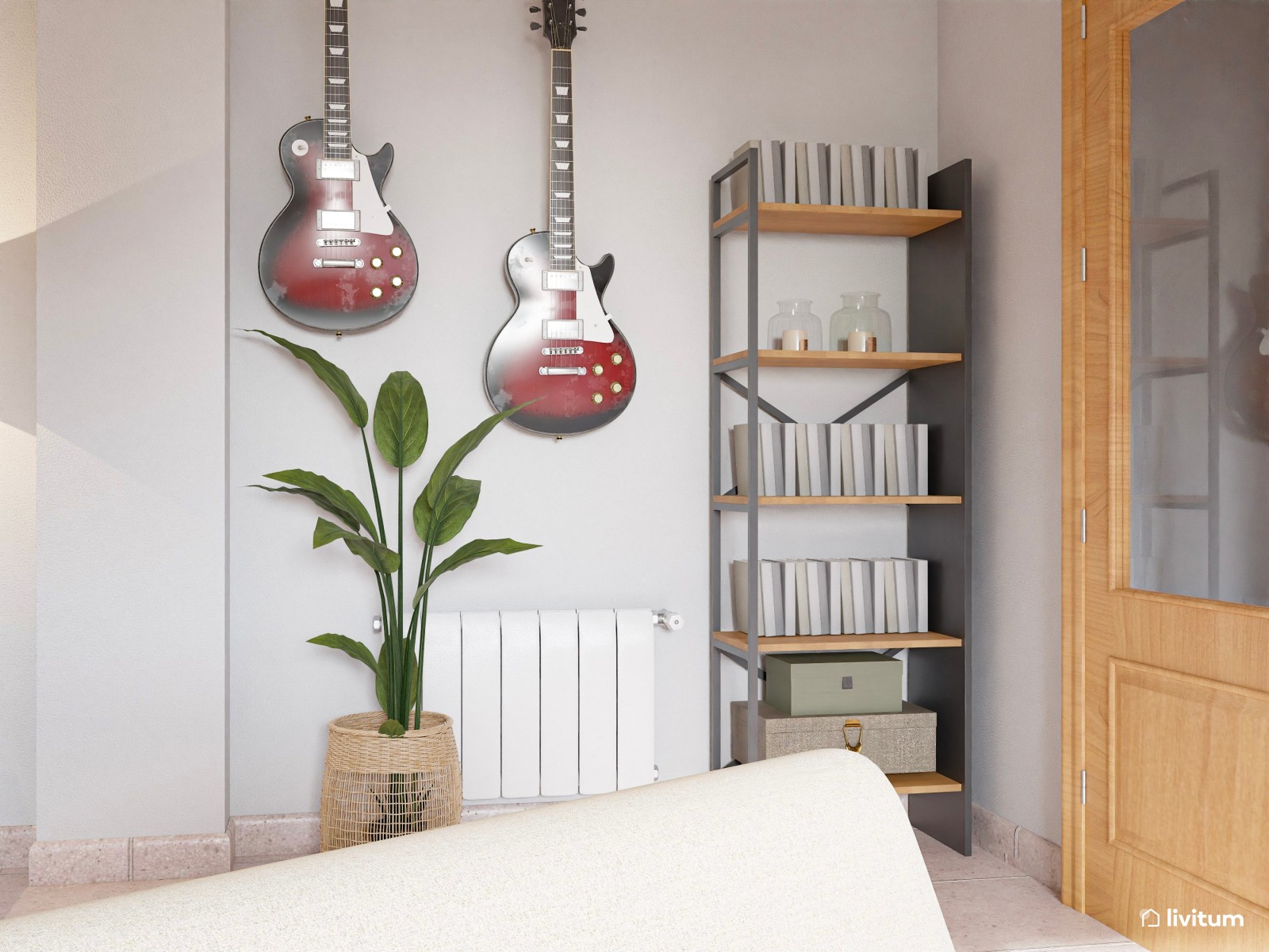 Salón nórdico natural en planta alargada con detalles en verde