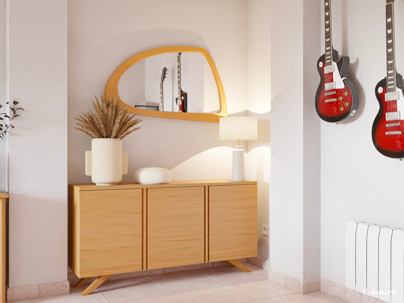 Salón nórdico natural en planta alargada con detalles en verde