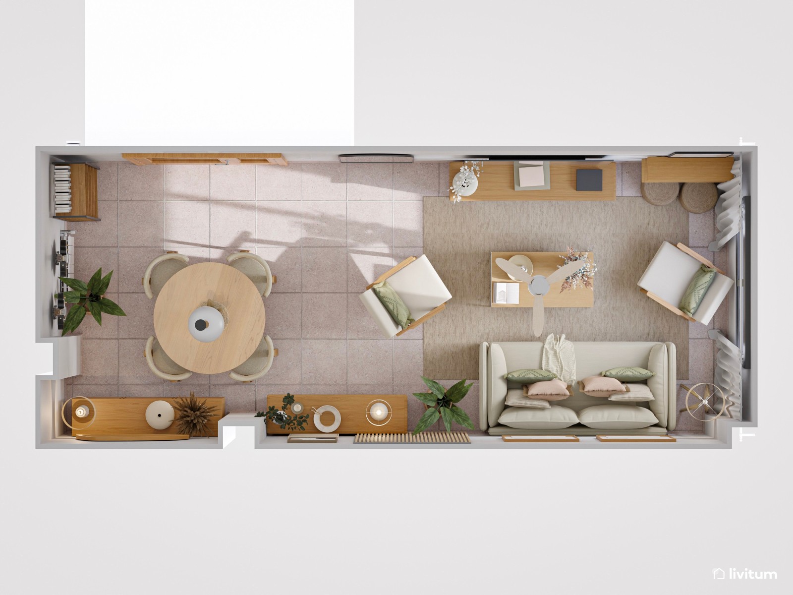 Salón nórdico natural en planta alargada con detalles en verde