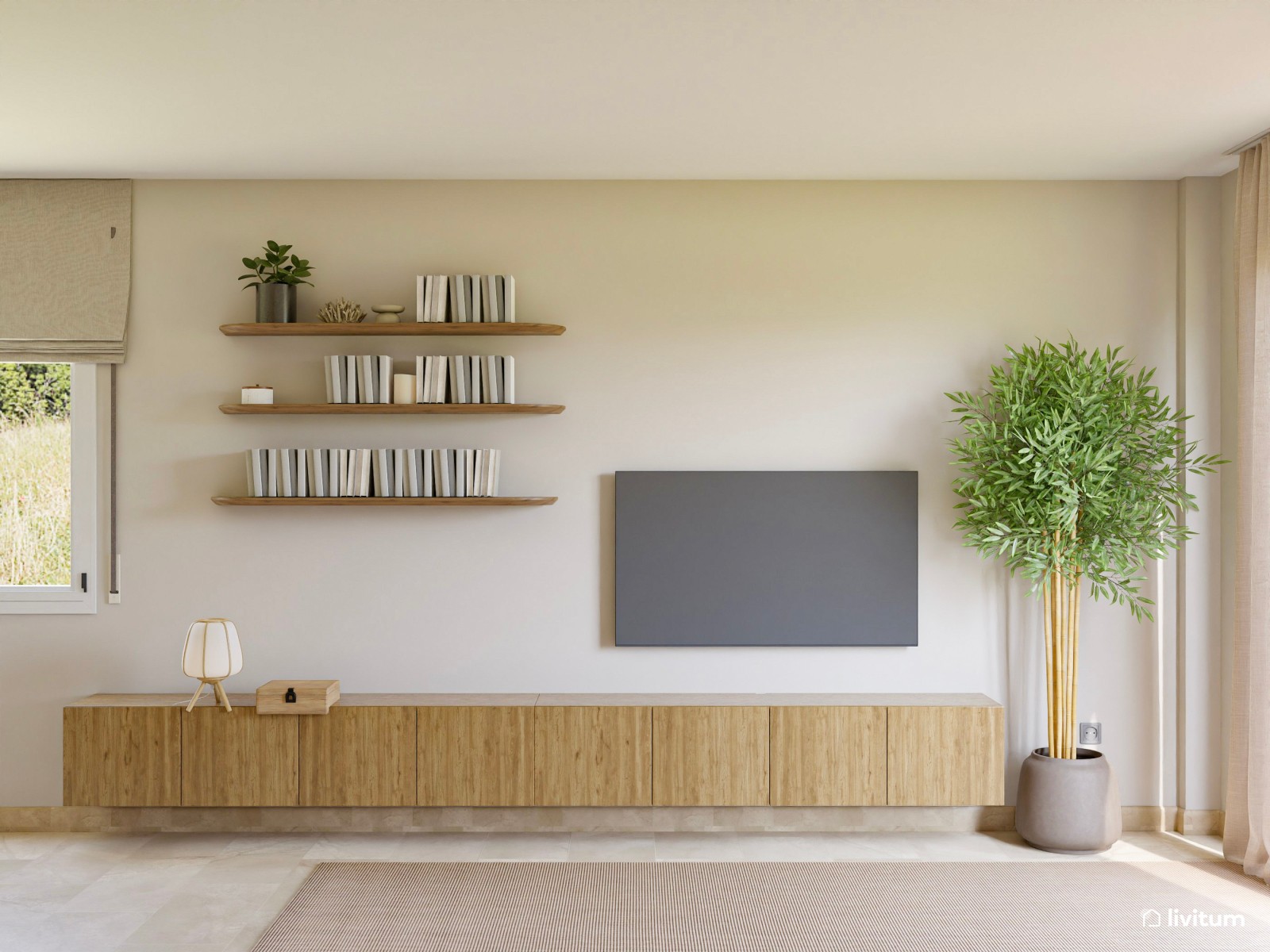 Salón nórdico, pequeño y luminoso con listones de madera y acentos en verde claro