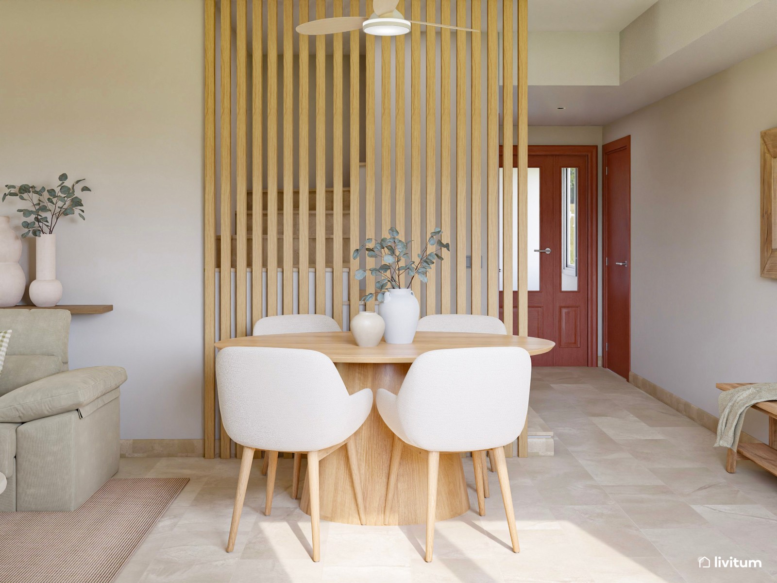Salón nórdico, pequeño y luminoso con listones de madera y acentos en verde claro