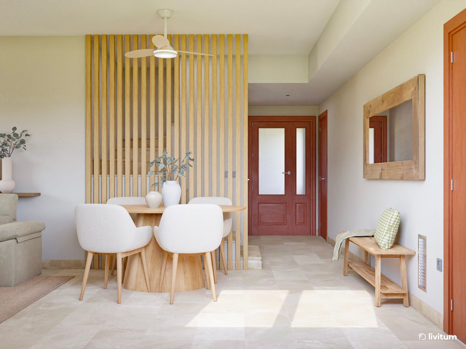 Salón nórdico, pequeño y luminoso con listones de madera y acentos en verde claro