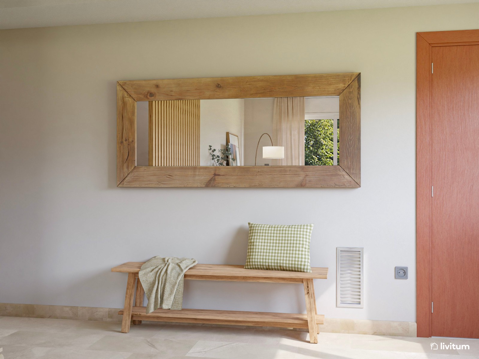 Salón nórdico, pequeño y luminoso con listones de madera y acentos en verde claro