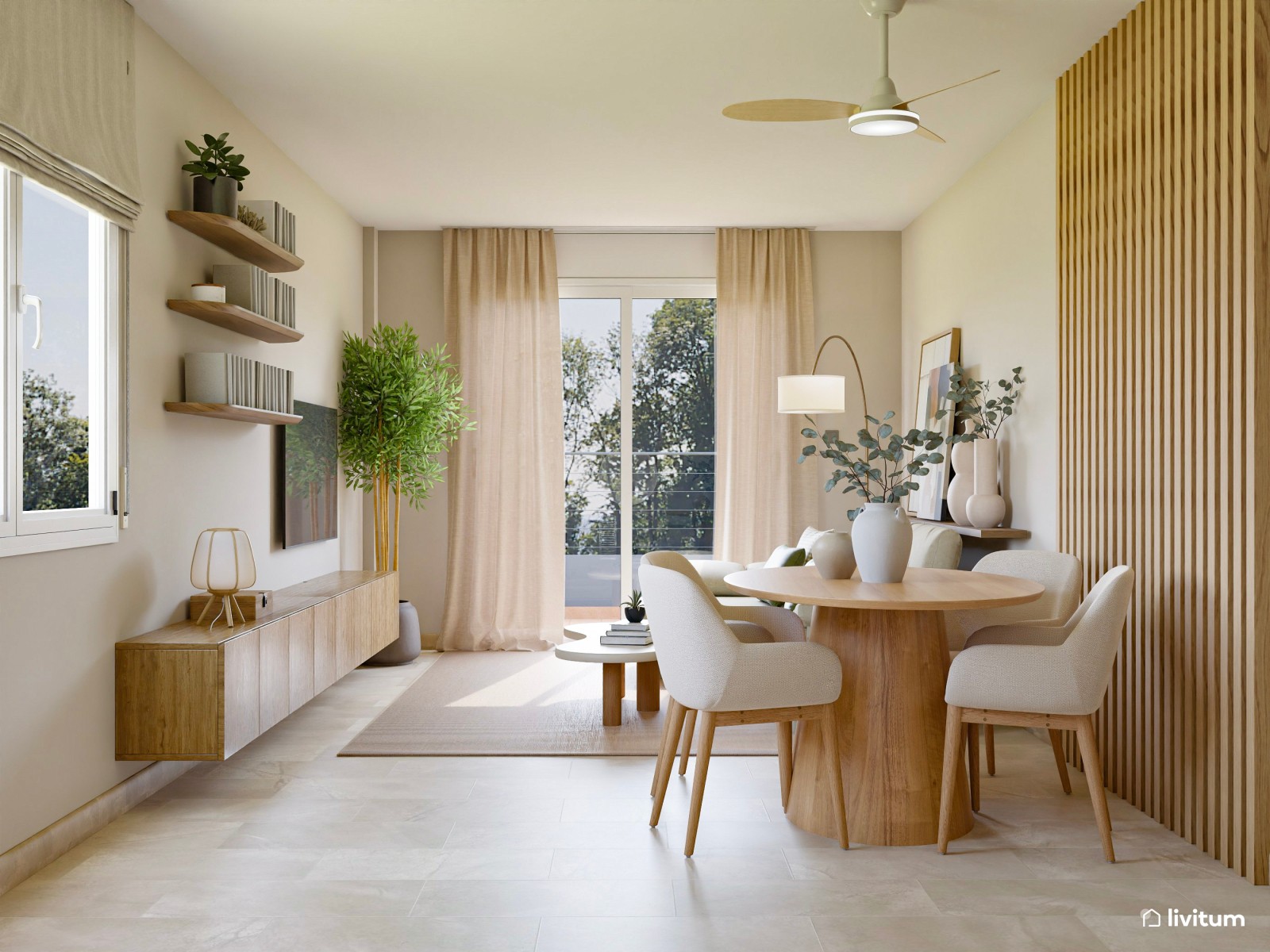 Salón nórdico, pequeño y luminoso con listones de madera y acentos en verde claro