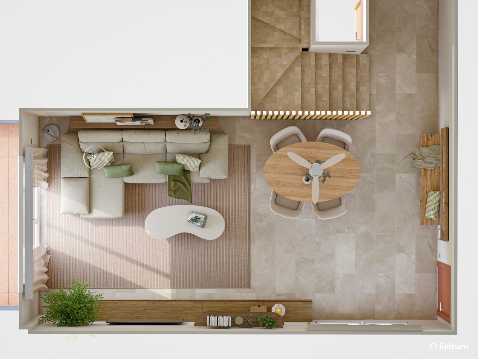 Salón nórdico, pequeño y luminoso con listones de madera y acentos en verde claro