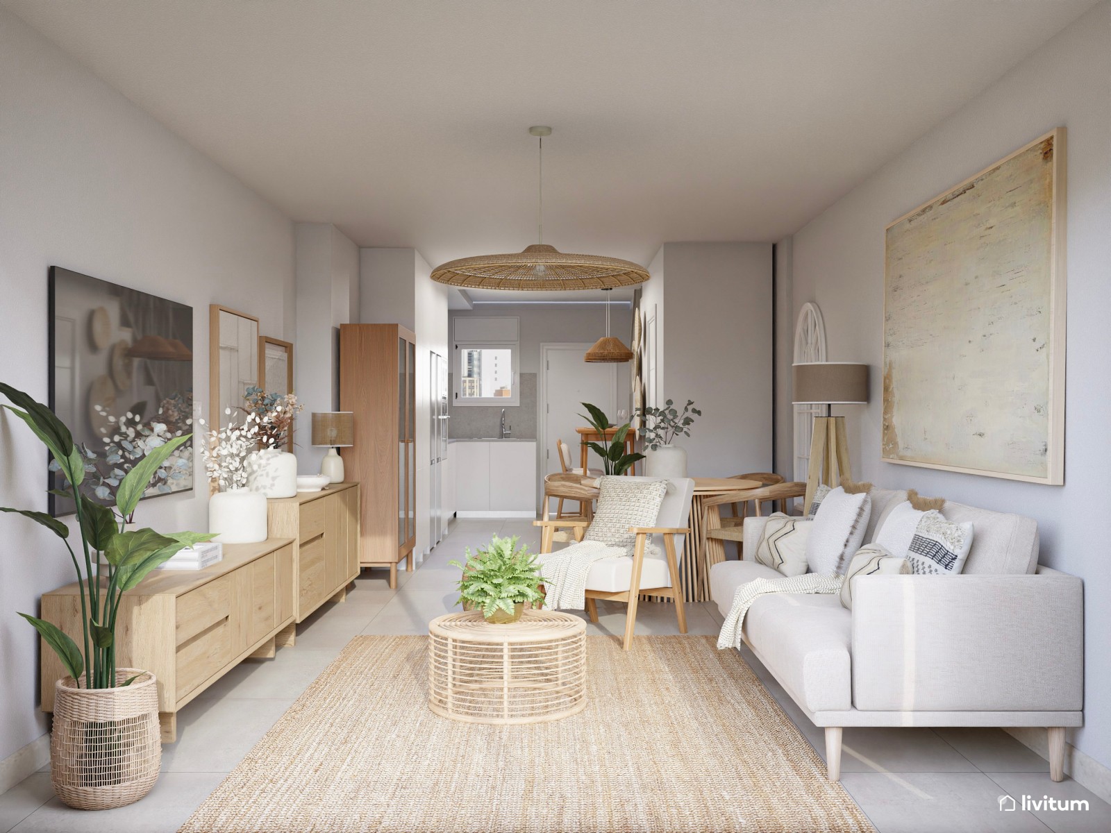 Salón nórdico rústico alargado con muebles de madera 