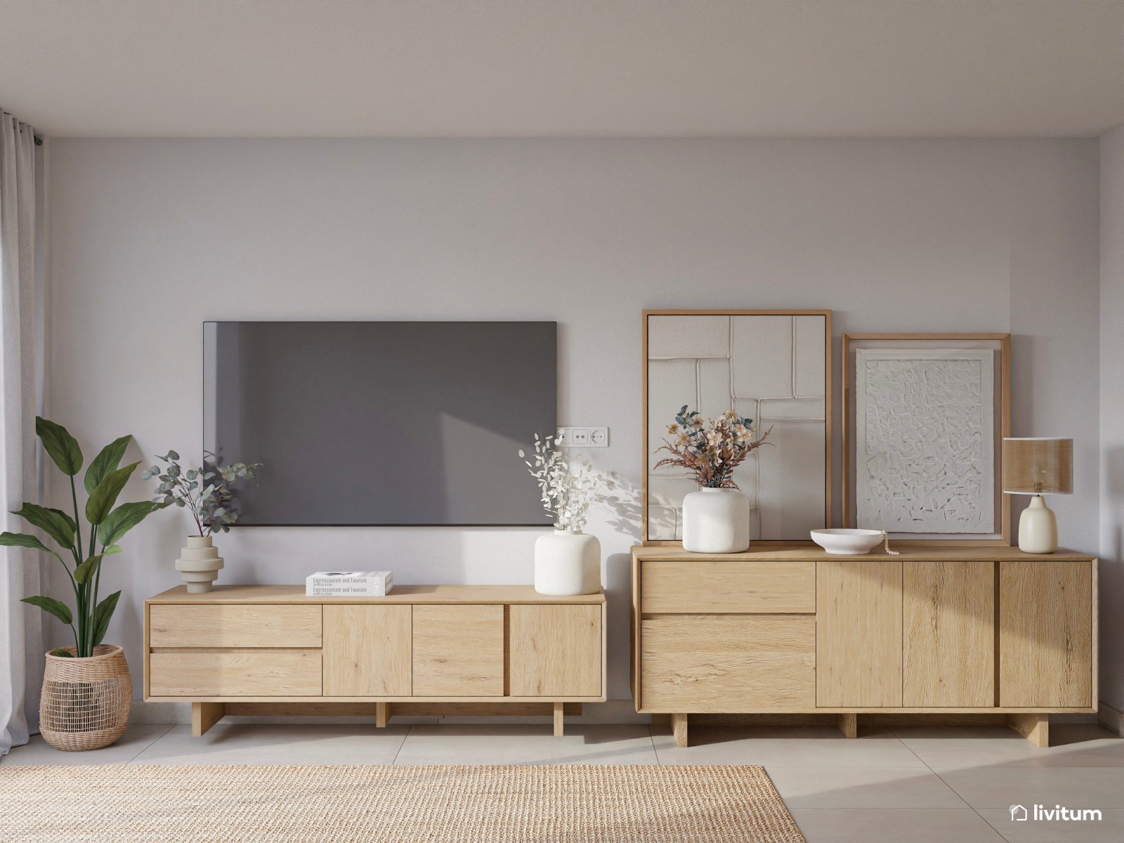 Salón nórdico rústico alargado con muebles de madera 
