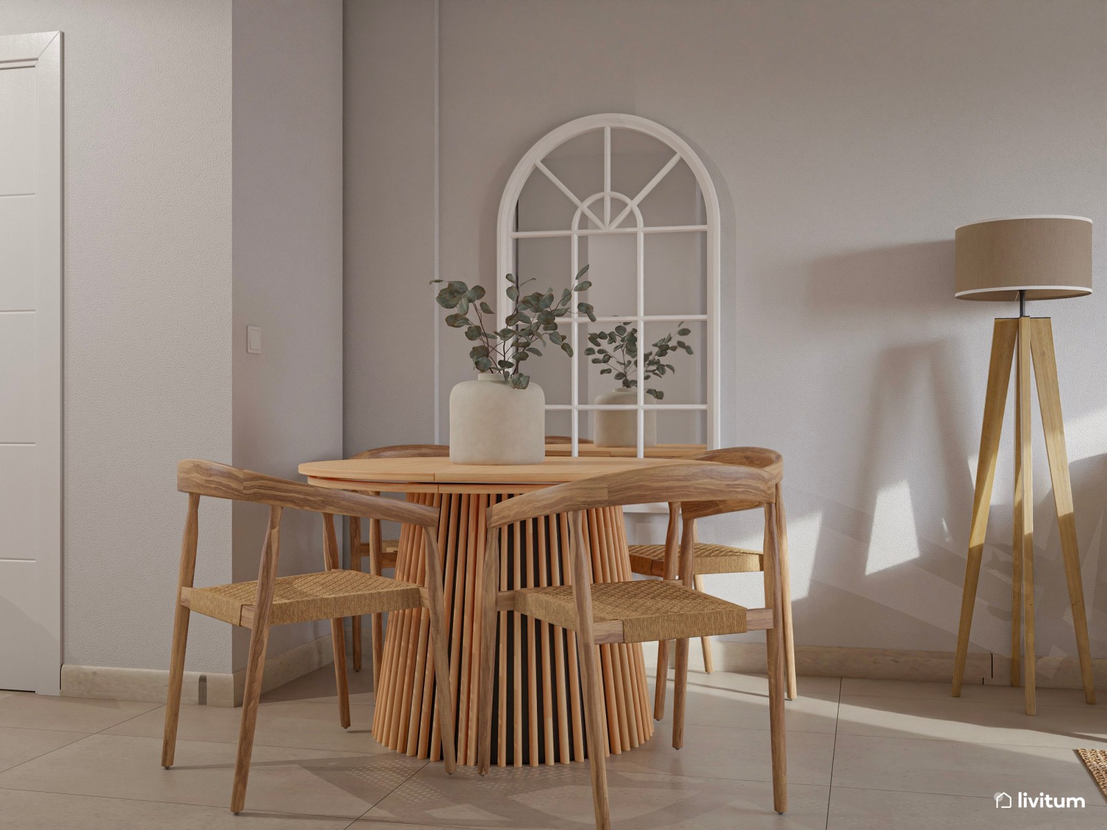 Salón nórdico rústico alargado con muebles de madera 