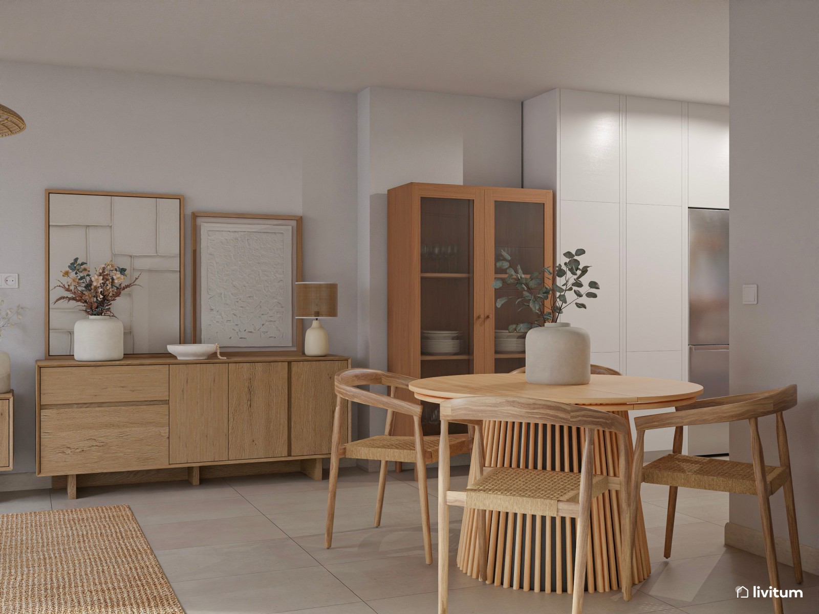 Salón nórdico rústico alargado con muebles de madera 