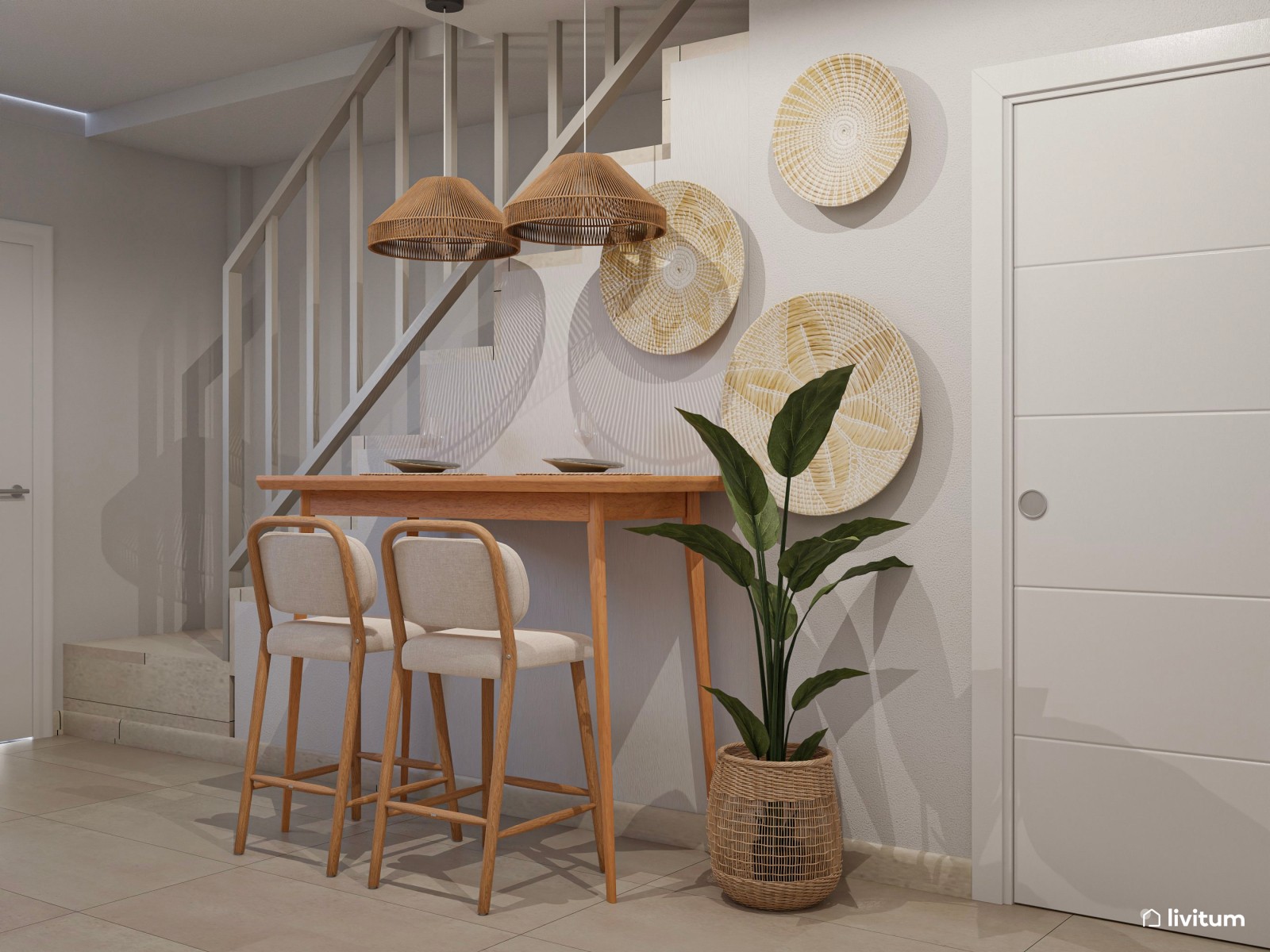 Salón nórdico rústico alargado con muebles de madera 