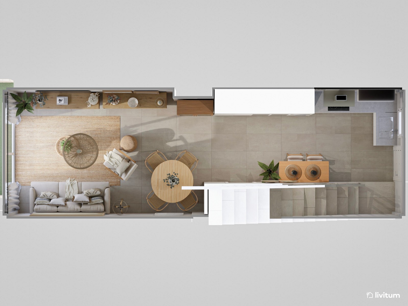 Salón nórdico rústico alargado con muebles de madera 