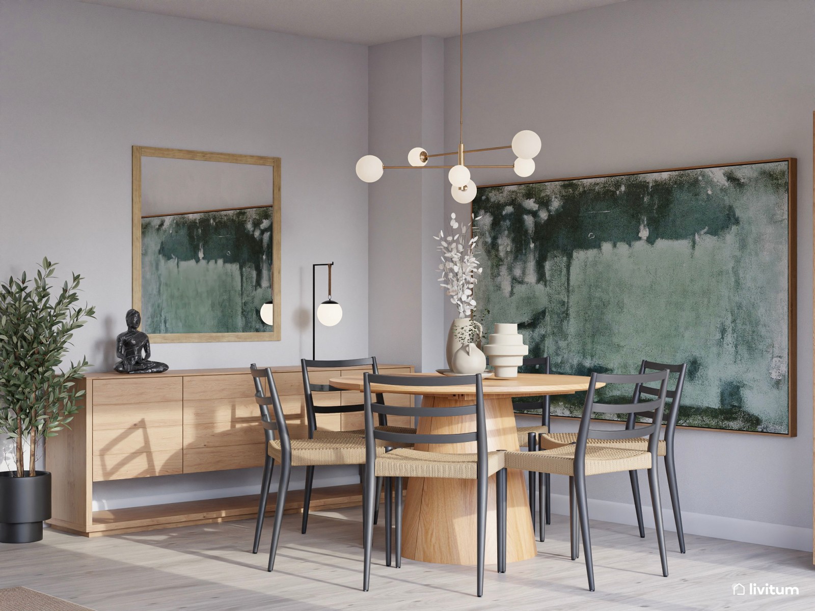 Salón nórdico rústico con detalles elegantes y obra de arte verde 