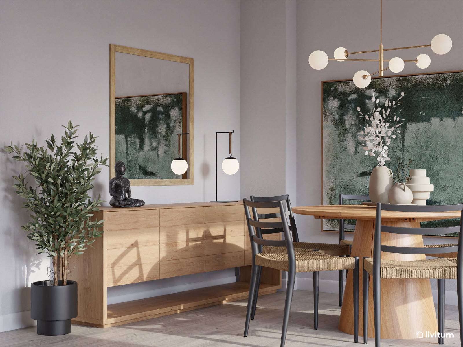 Salón nórdico rústico con detalles elegantes y obra de arte verde 