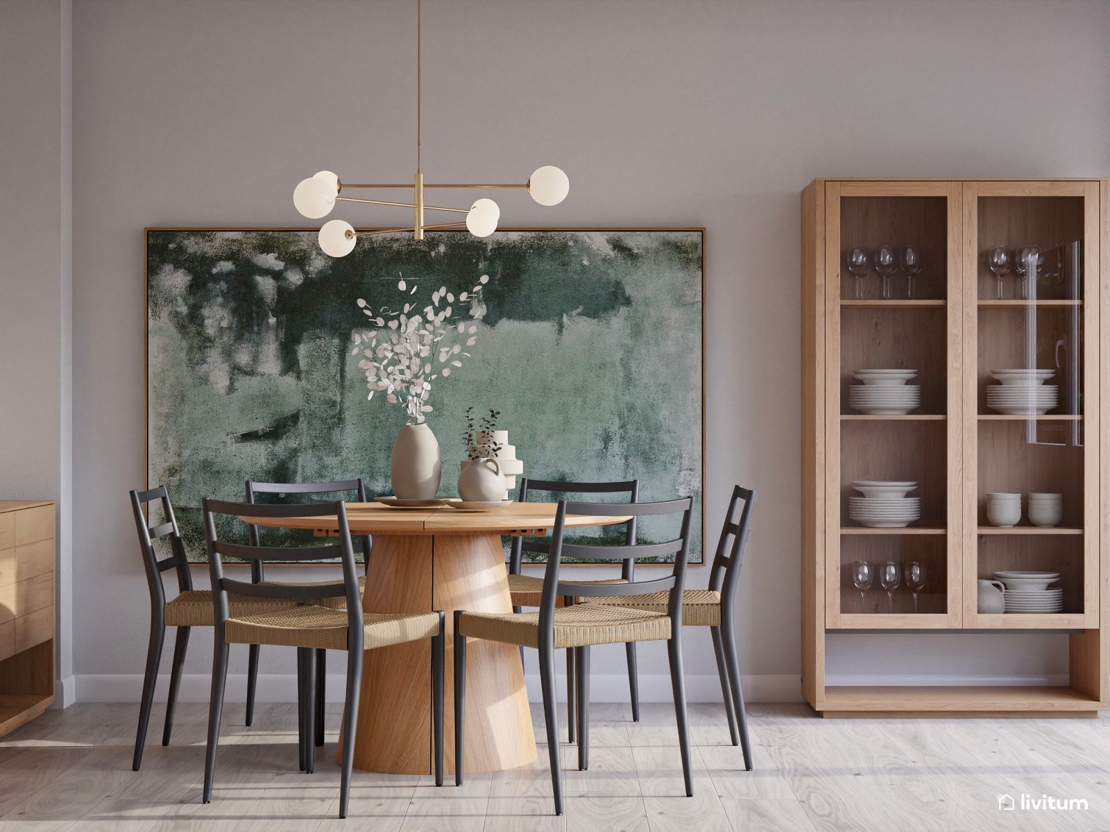 Salón nórdico rústico con detalles elegantes y obra de arte verde 