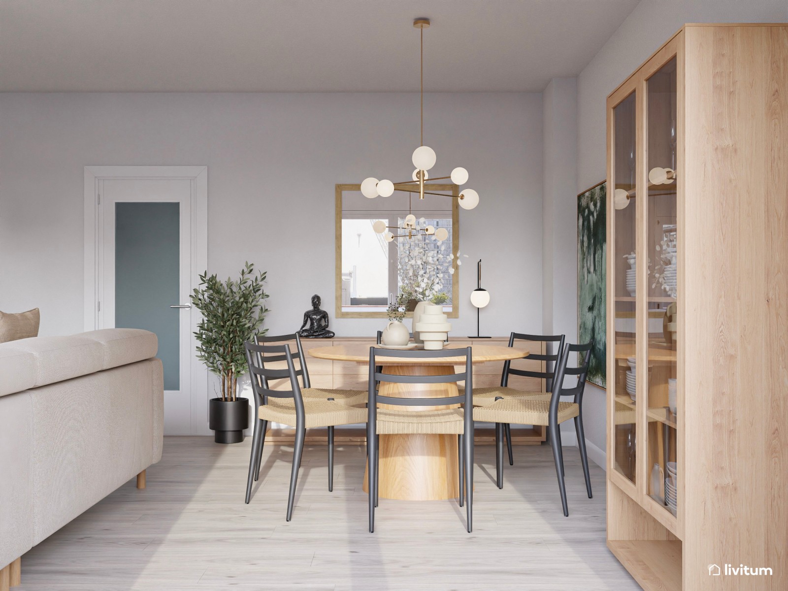 Salón nórdico rústico con detalles elegantes y obra de arte verde 