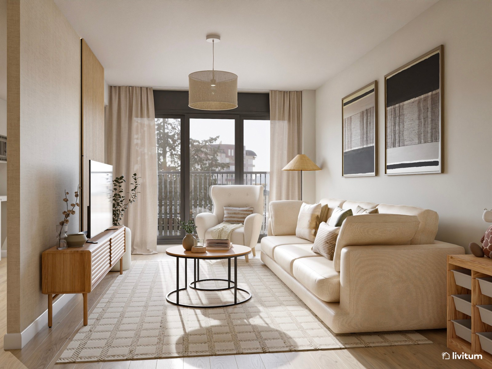 Salón nórdico y elegante en planta alargada con rincón infantil