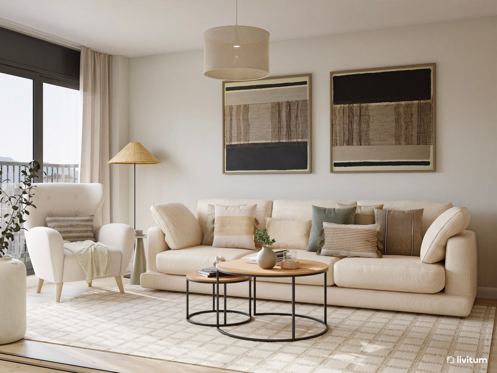 Salón nórdico y elegante en planta alargada con rincón infantil