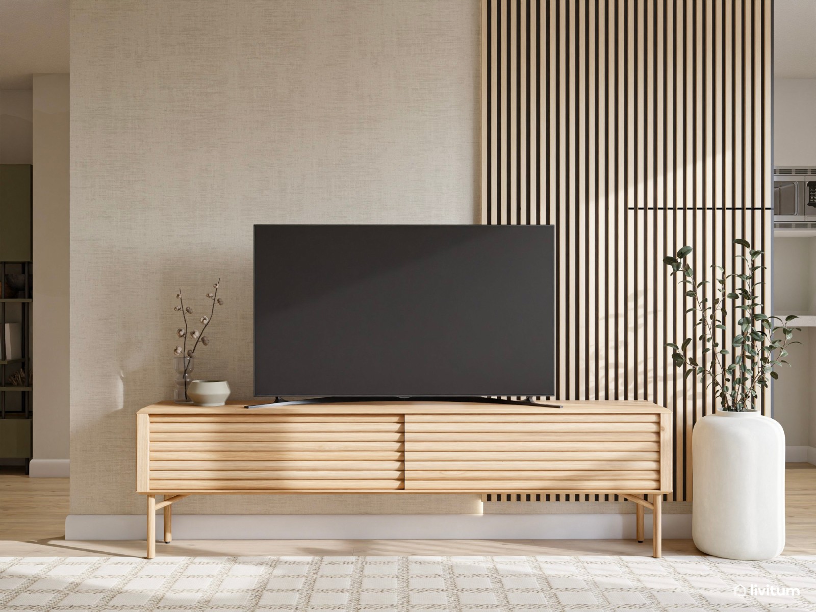 Salón nórdico y elegante en planta alargada con rincón infantil