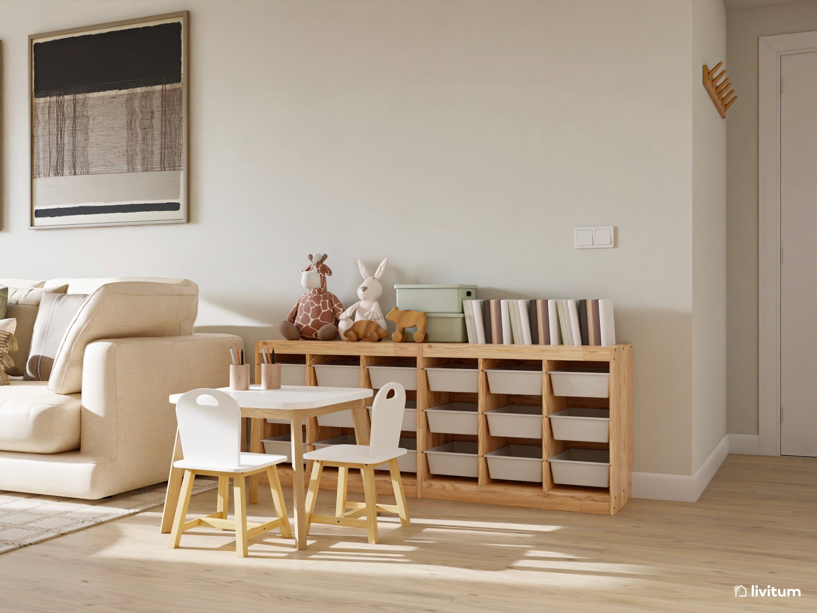 Salón nórdico y elegante en planta alargada con rincón infantil