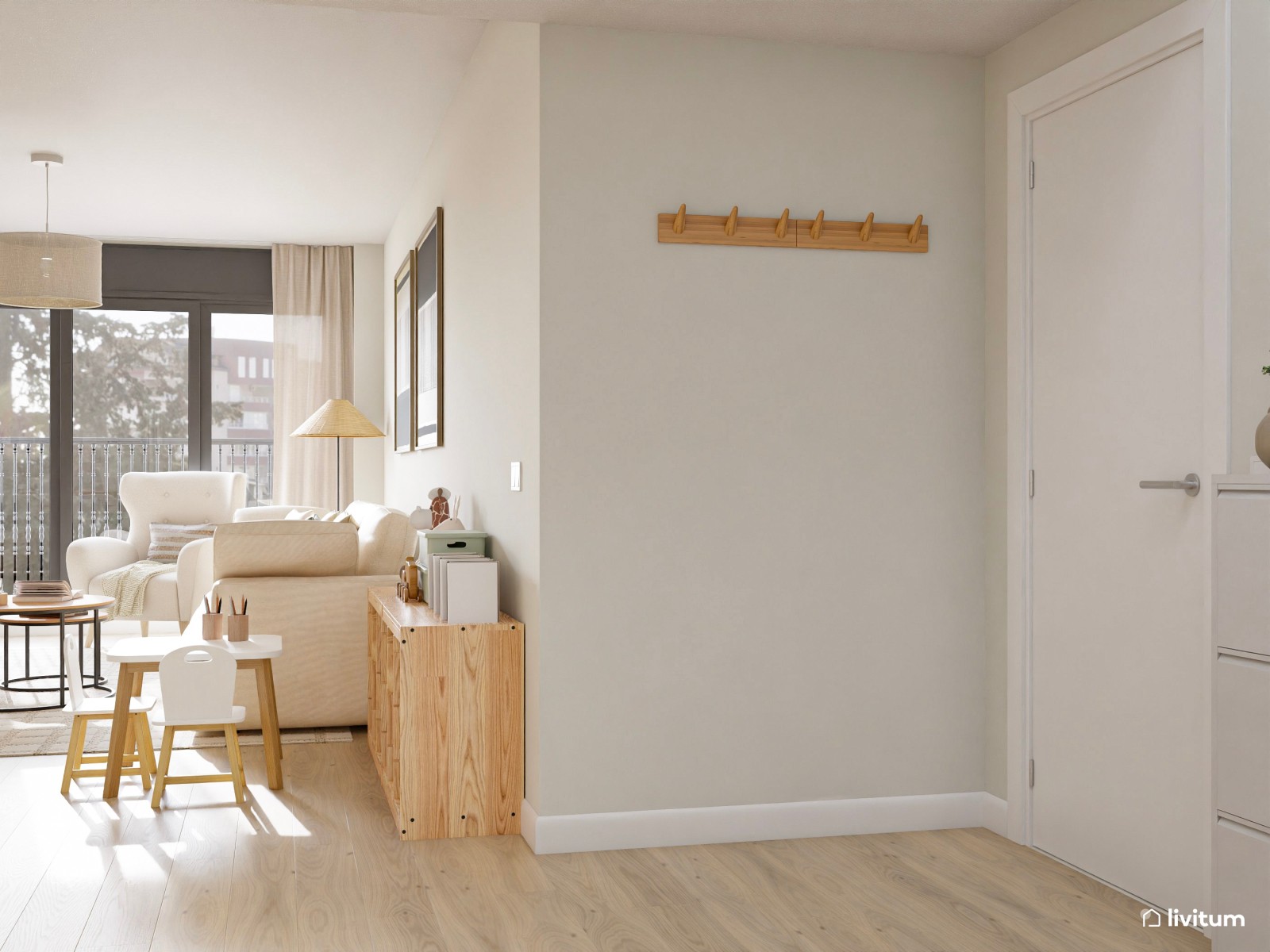 Salón nórdico y elegante en planta alargada con rincón infantil