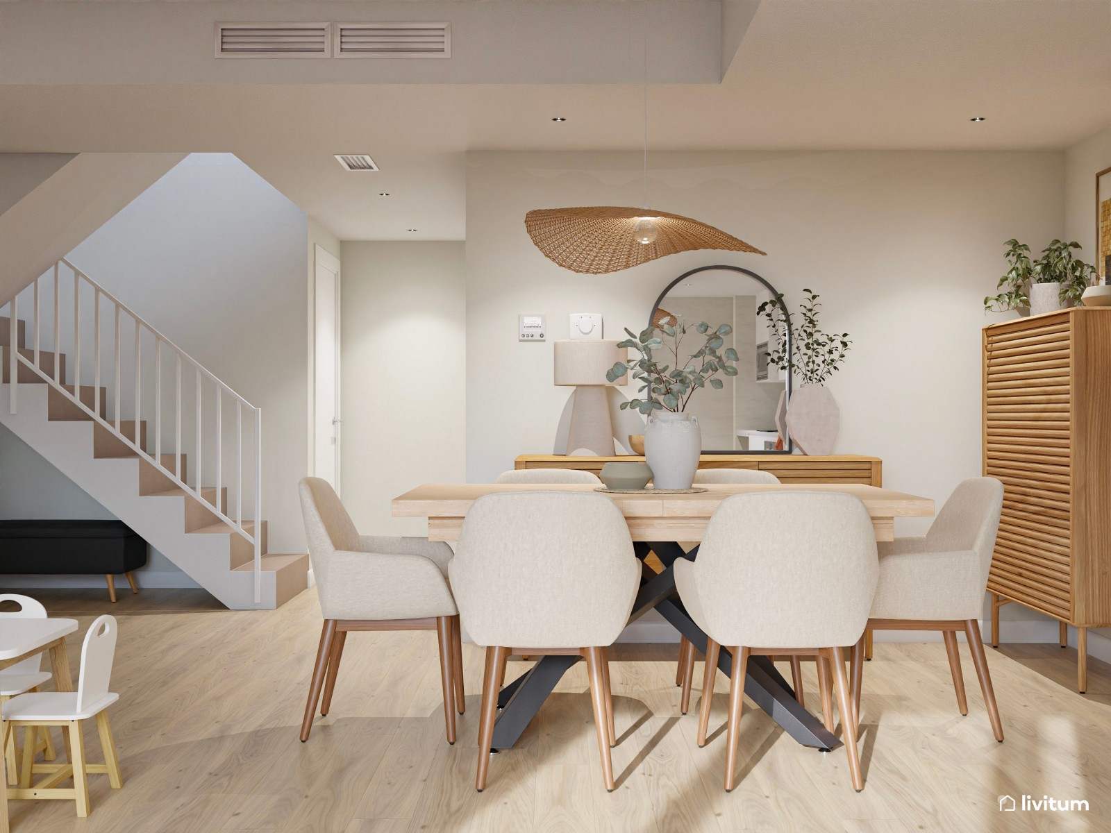 Salón nórdico y elegante en planta alargada con rincón infantil