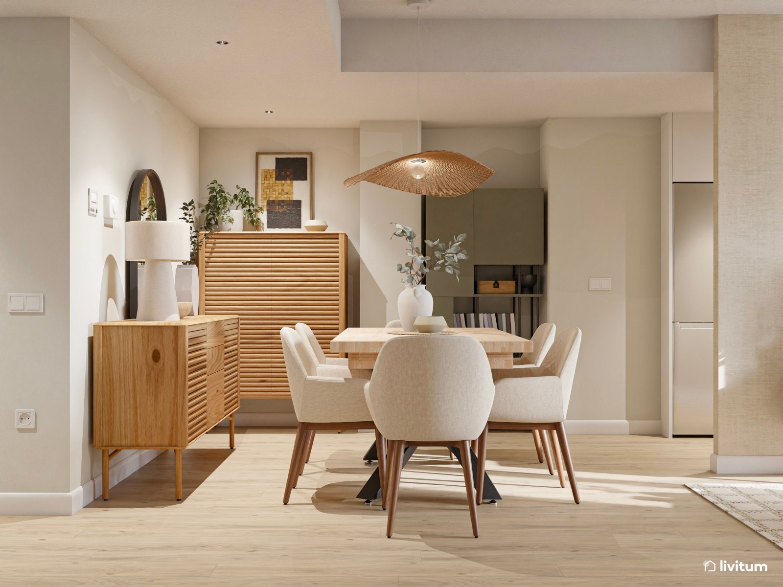 Salón nórdico y elegante en planta alargada con rincón infantil