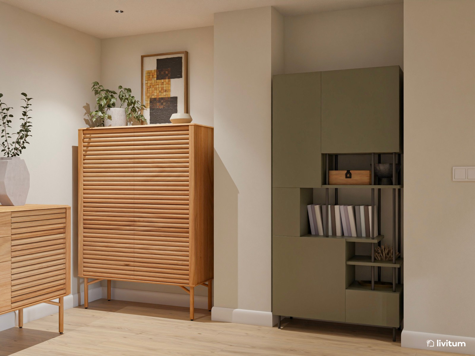 Salón nórdico y elegante en planta alargada con rincón infantil