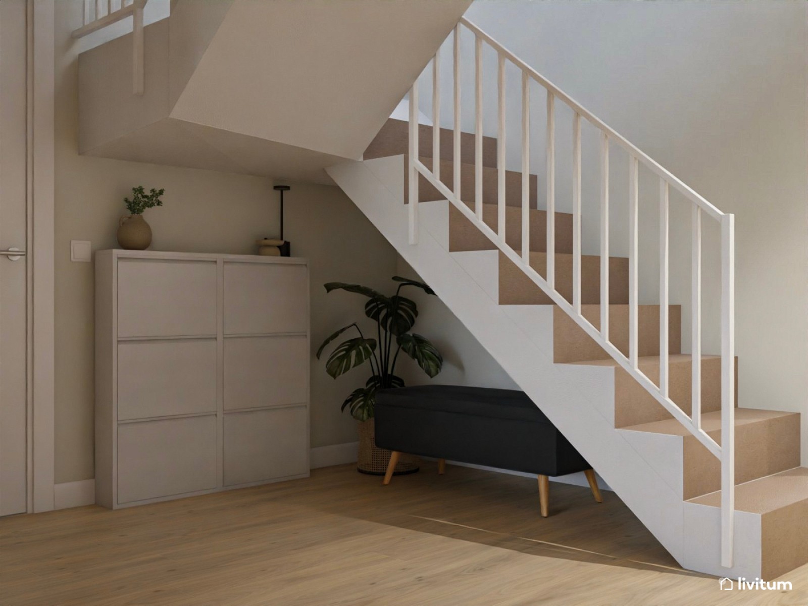 Salón nórdico y elegante en planta alargada con rincón infantil