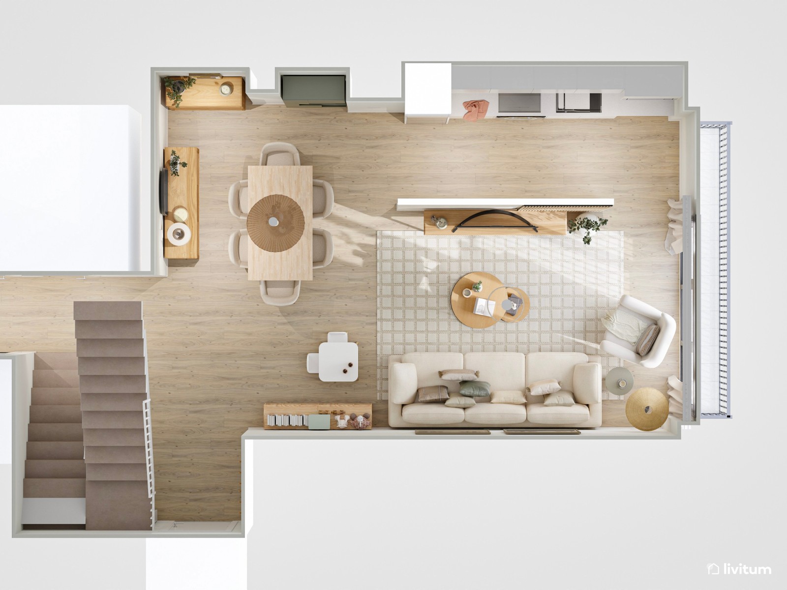 Salón nórdico y elegante en planta alargada con rincón infantil