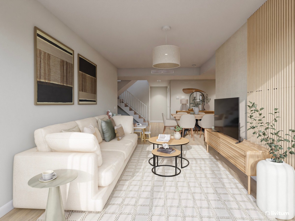 Salón nórdico y elegante en planta alargada con rincón infantil