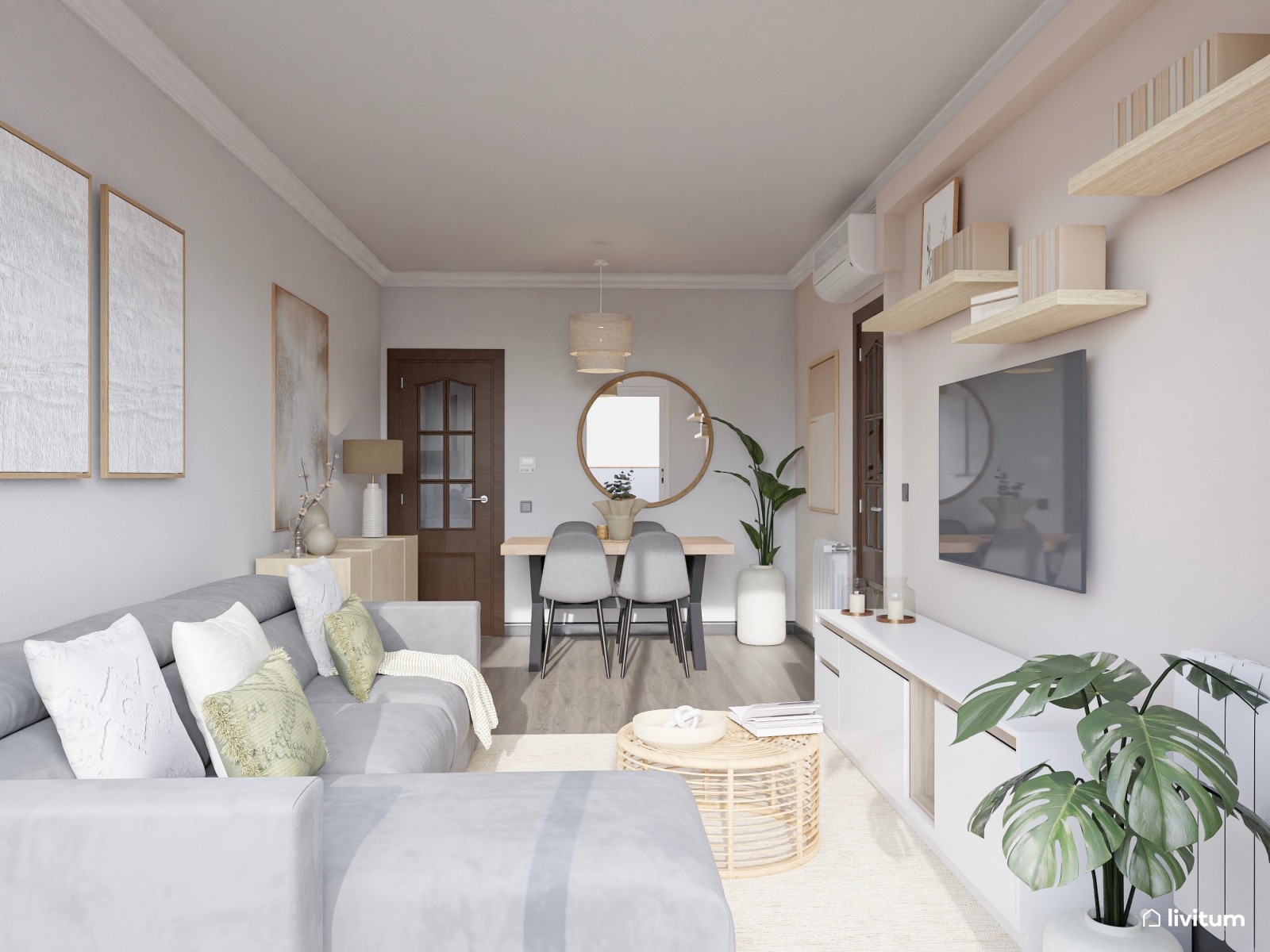 Salón pequeño boho y moderno de 18 m² con textiles suaves