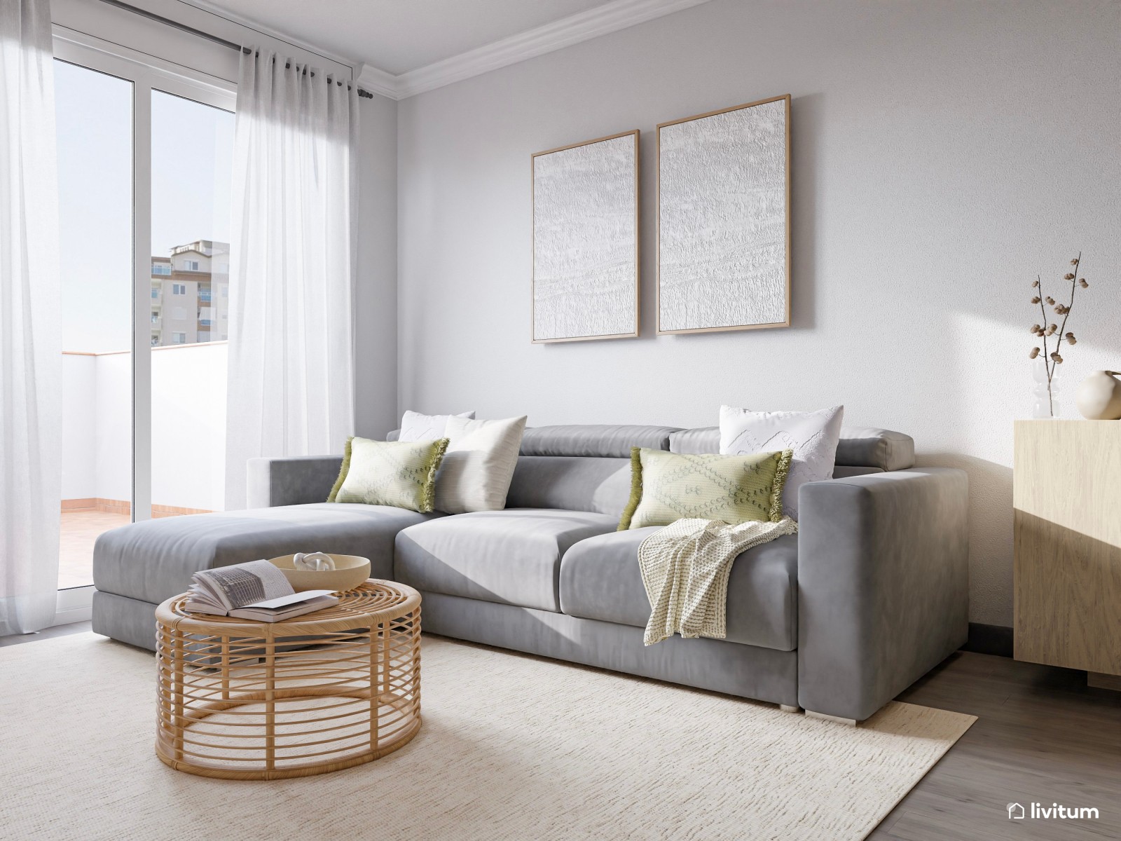 Salón pequeño boho y moderno de 18 m² con textiles suaves